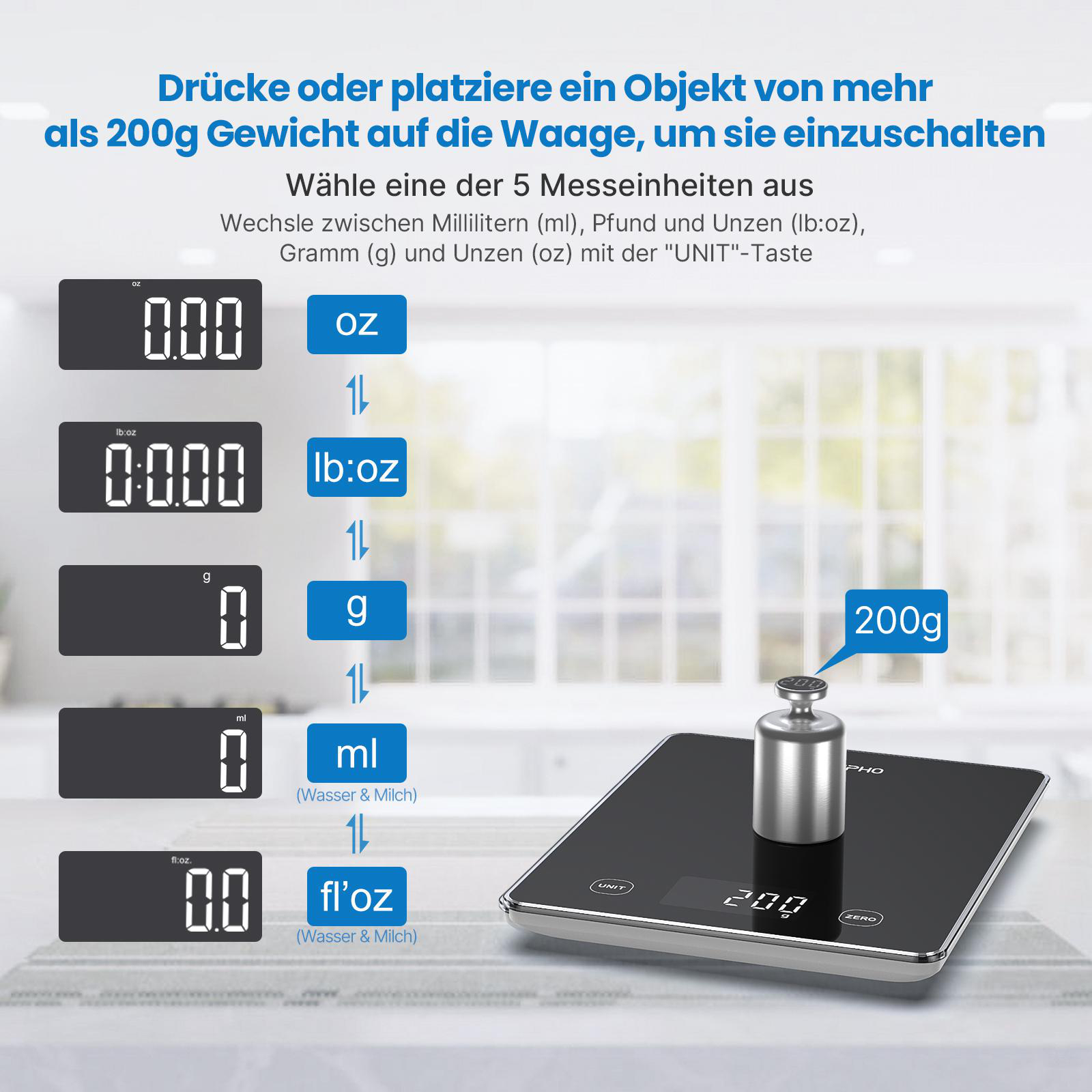 Eine Digitalwaage mit einem silbernen Gewicht und Text auf Deutsch. Zeigt Gewichtseinheiten und Umrechnung.