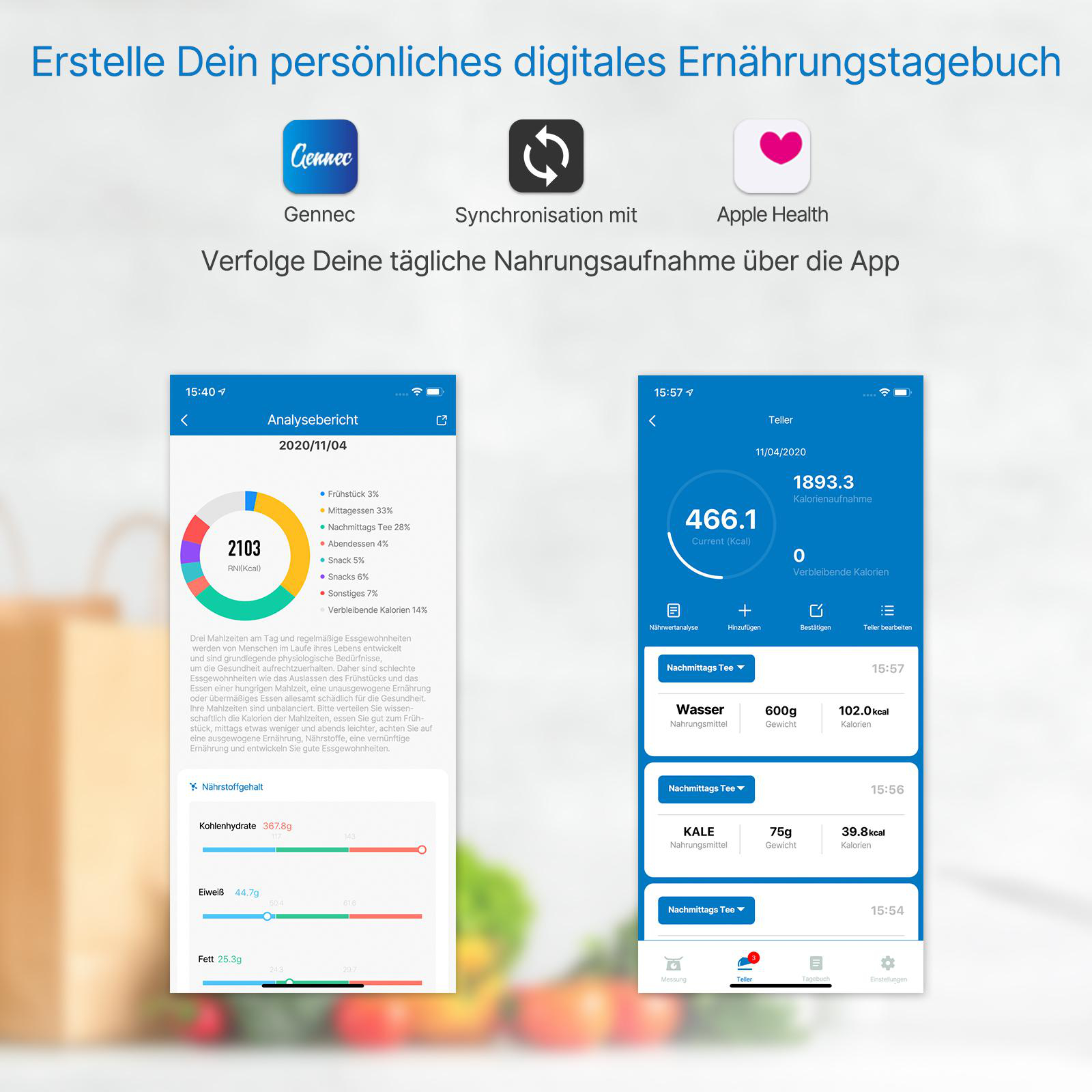 Ein Bildschirm zeigt Ernährungsinformationen mit zwei Apps, einem Kreisdiagramm und Text auf Deutsch.