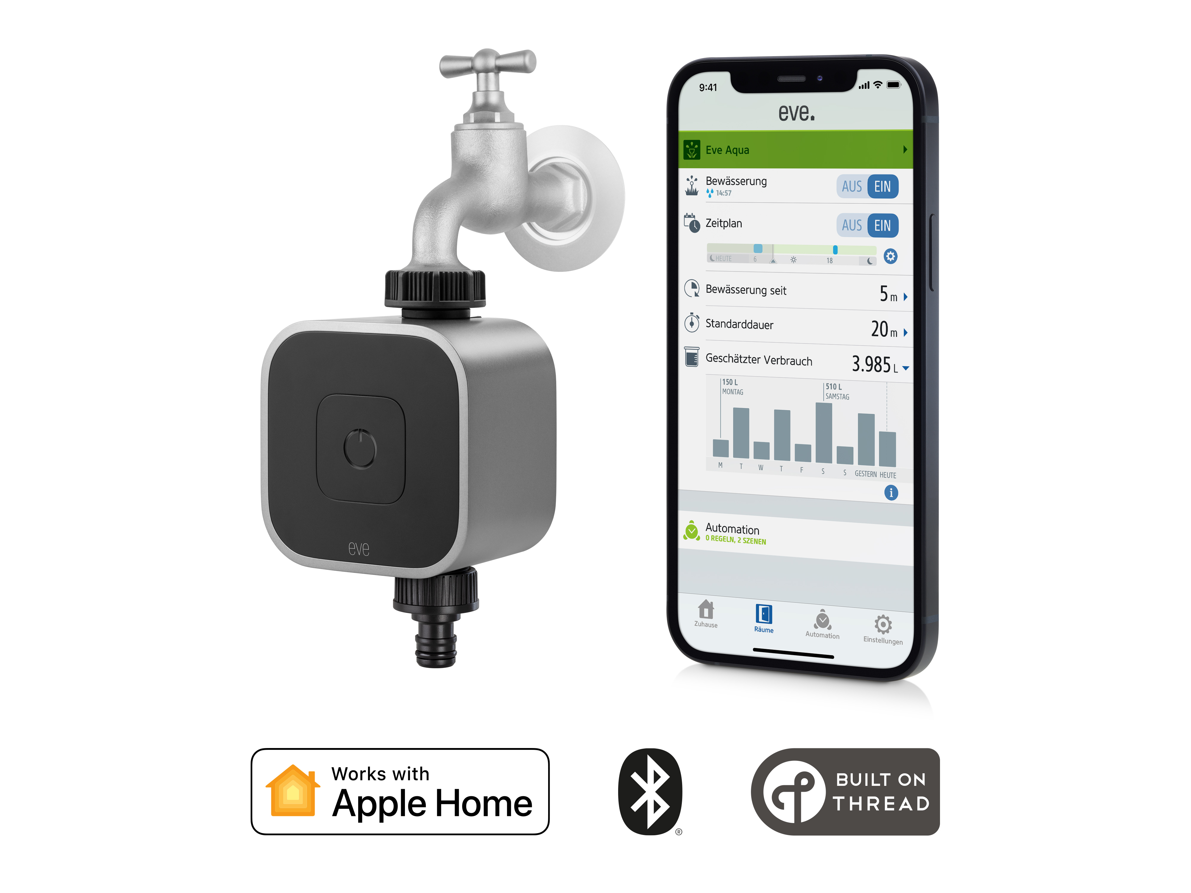 Intelligentes Wassersteuerungsgerät an einem Wasserhahn, Smartphone mit Daten.