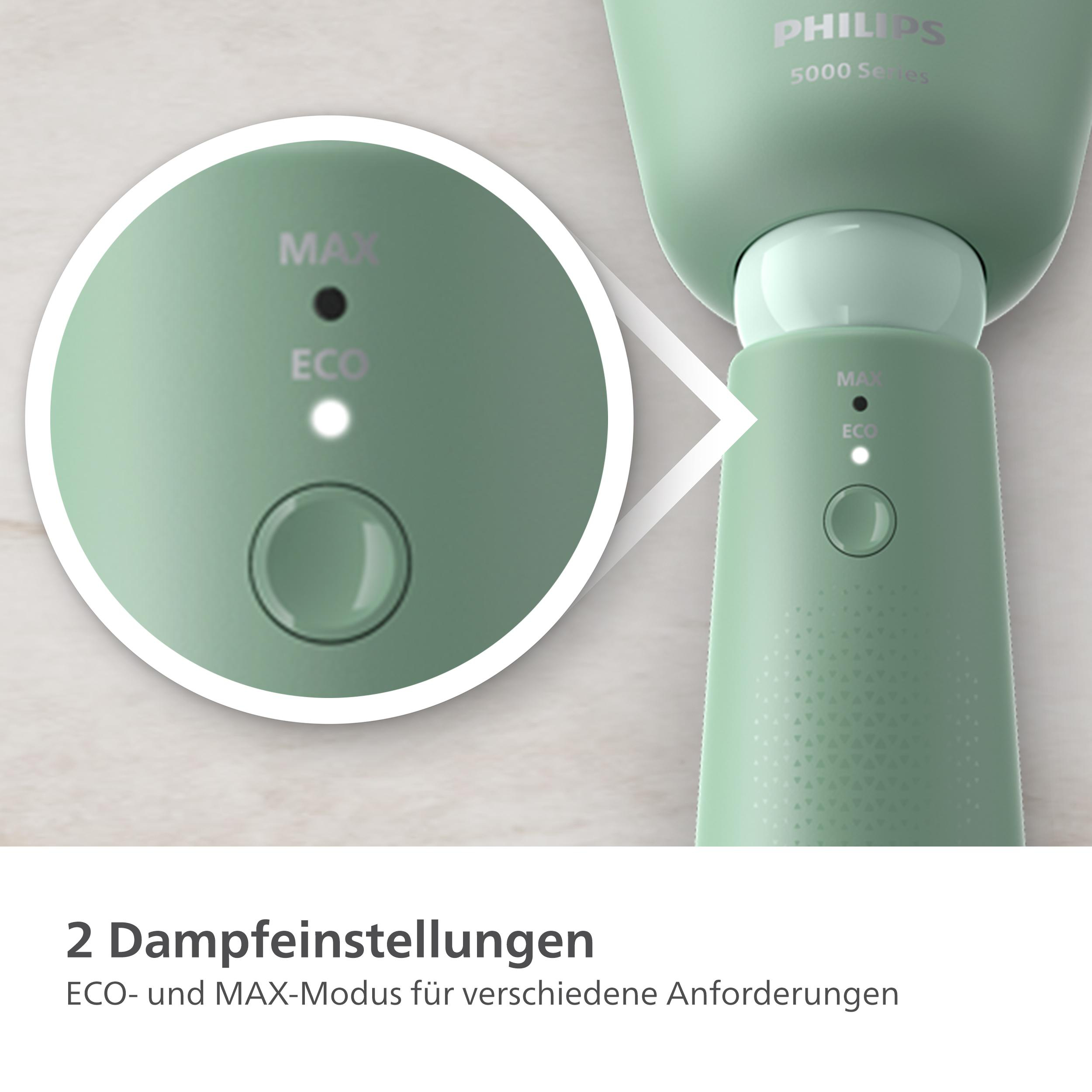 Nahaufnahme eines grünen Philips-Dampfers mit Knopf und Leuchtanzeigen, mit Text darunter.