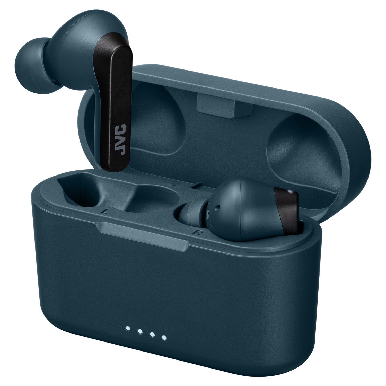 Blauwe JVC oortelefoons met oplaadcase, zwarte accenten, witte achtergrond, productfoto.