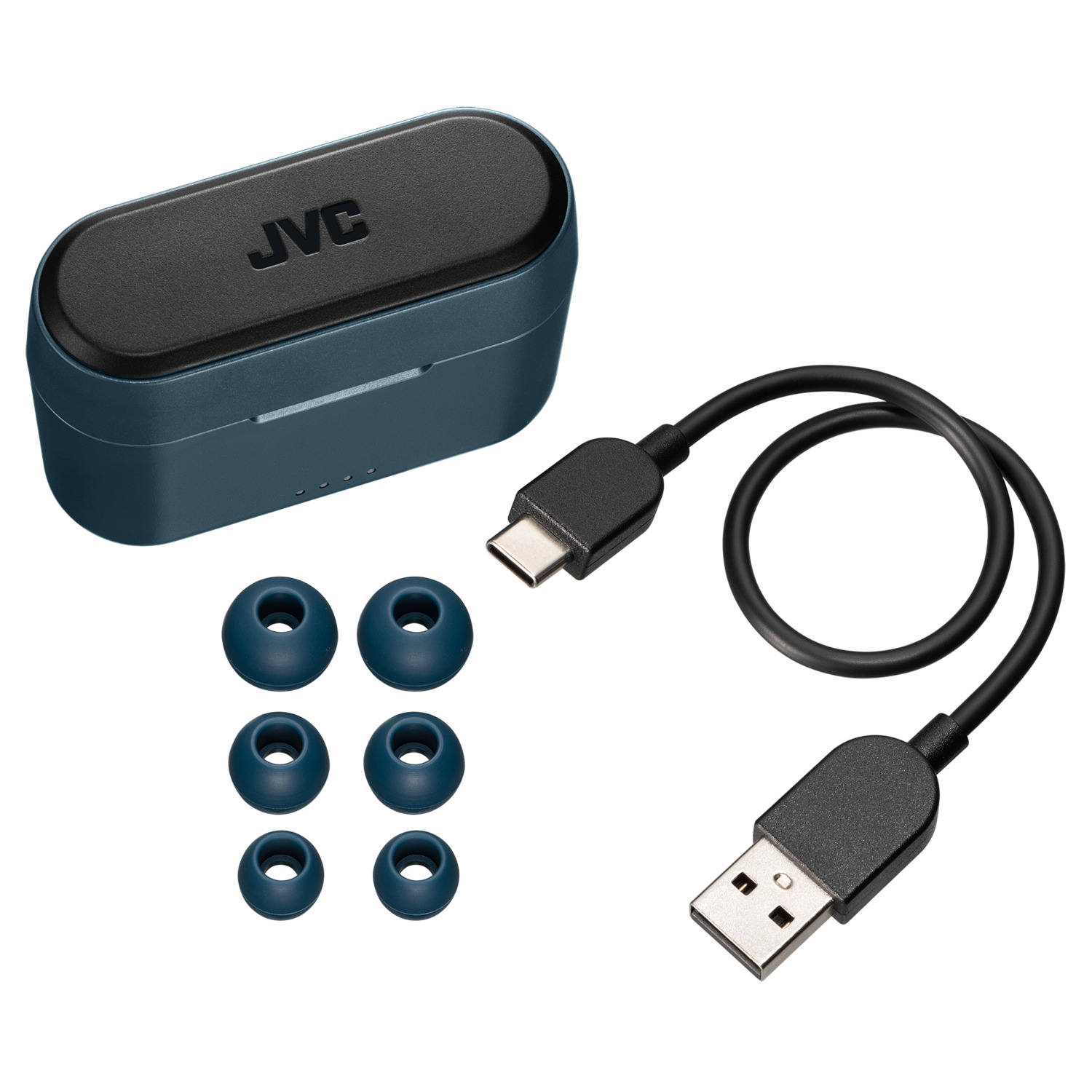 Oordopjes en etui met een USB-C-kabel.