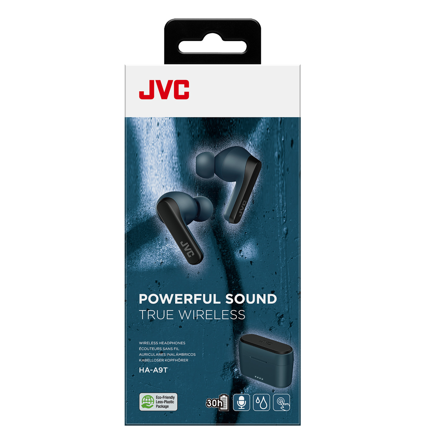 Een doos met JVC-hoofdtelefoons met de tekst 'Powerful Sound True Wireless'. De doos staat op een witte achtergrond.