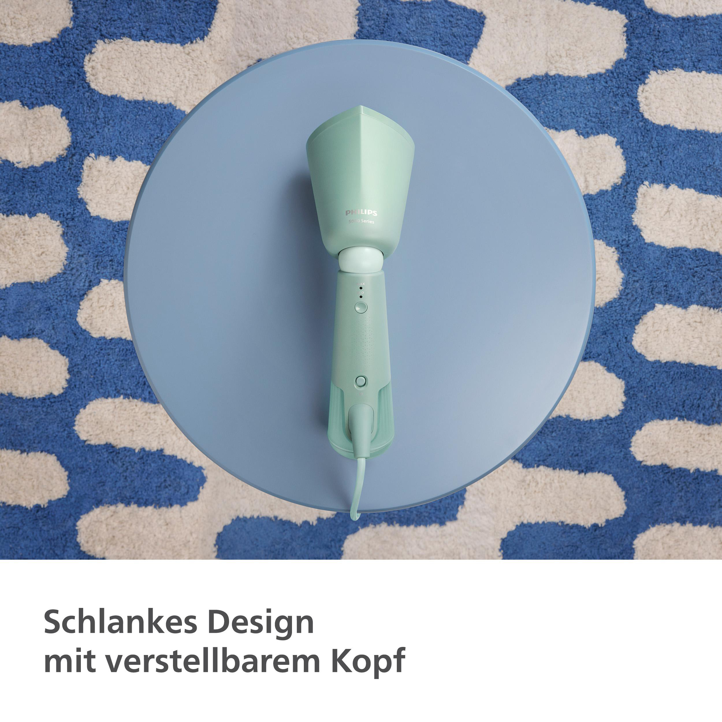 Ein türkisfarbener Philips-Dampfer auf einem blauen Tisch, mit Text 'Schlankes Design'.