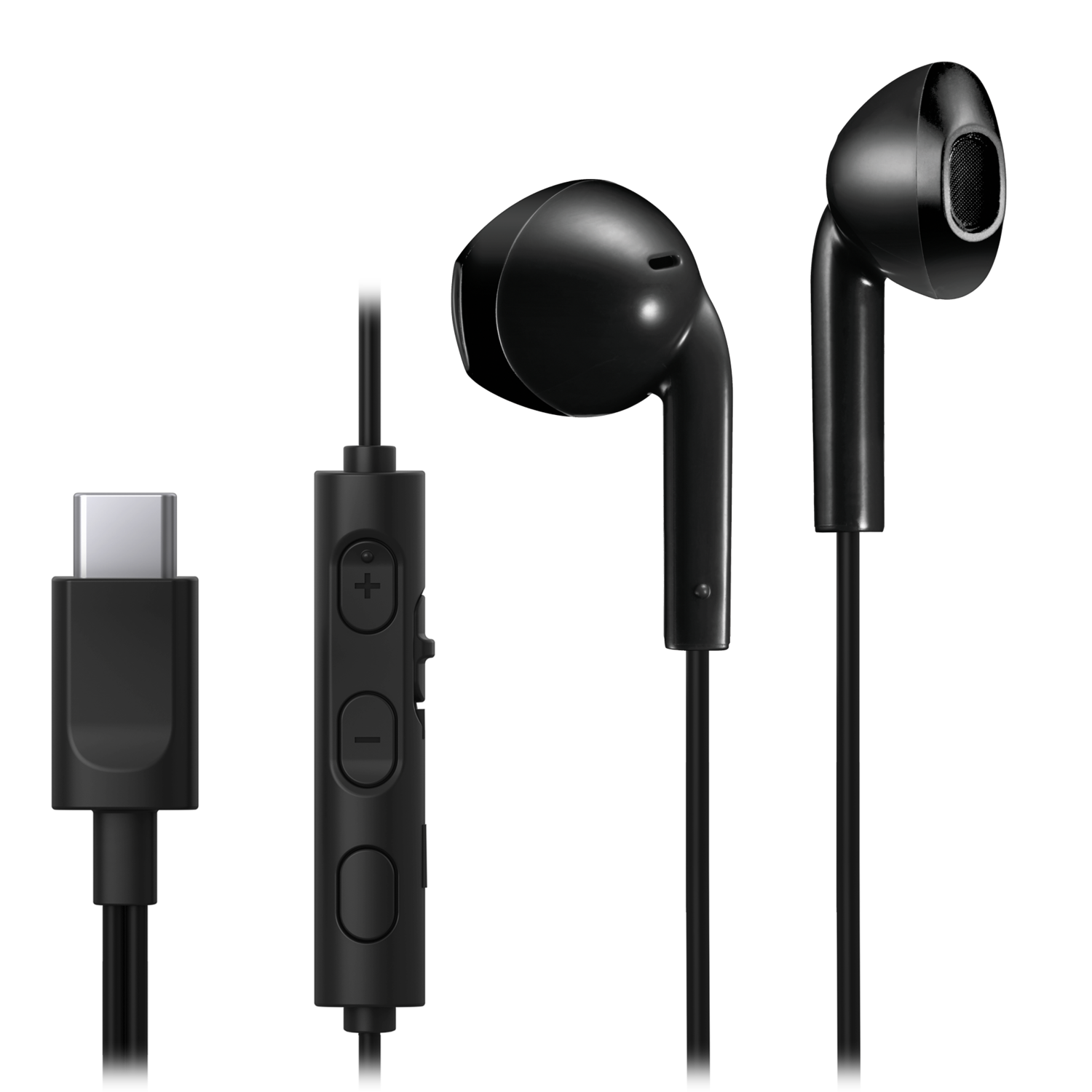 Zwarte oortelefoons met USB-C connector en in-line bediening.
