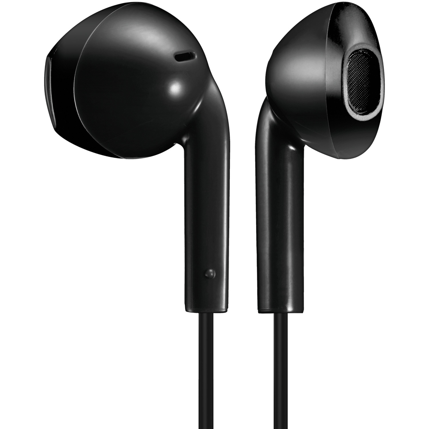Twee zwarte in-ear-hoofdtelefoons met een koord dat naar beneden hangt tegen een witte achtergrond.