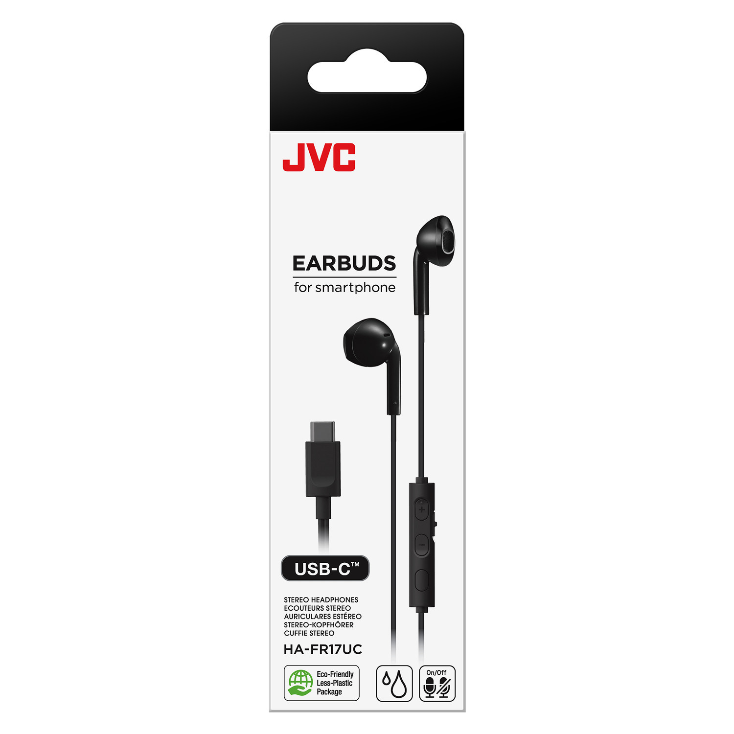 Oordopjes op een verpakking met een USB-C-connector.