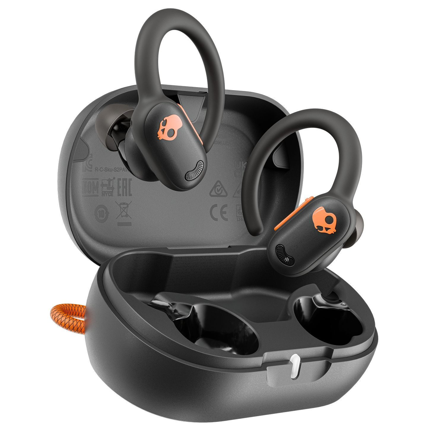 Black Skullcandy earbuds in their charging case, with orange accents and logo.