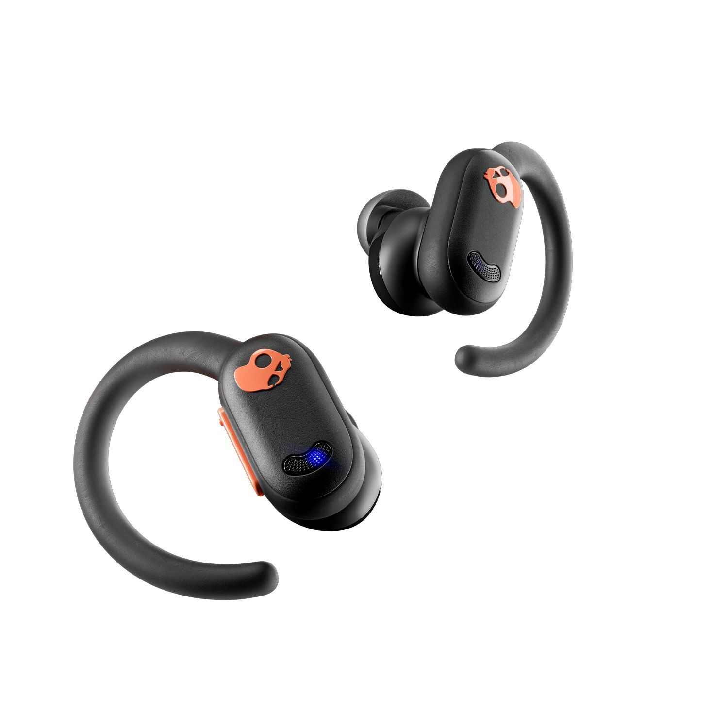 Black and orange Skullcandy earbuds, angled view, with branding.