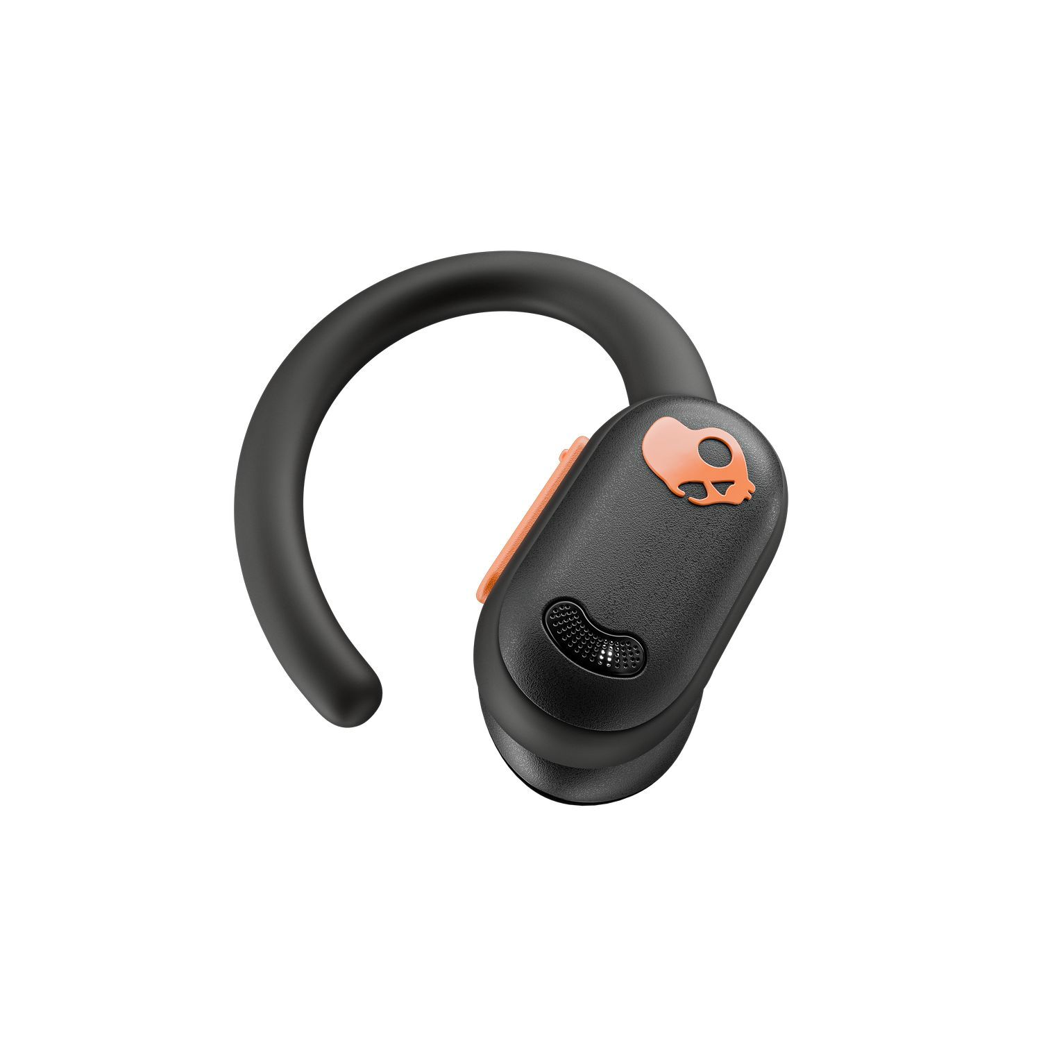 Black Skullcandy wireless earbud with orange accents, worn by a black ear loop.