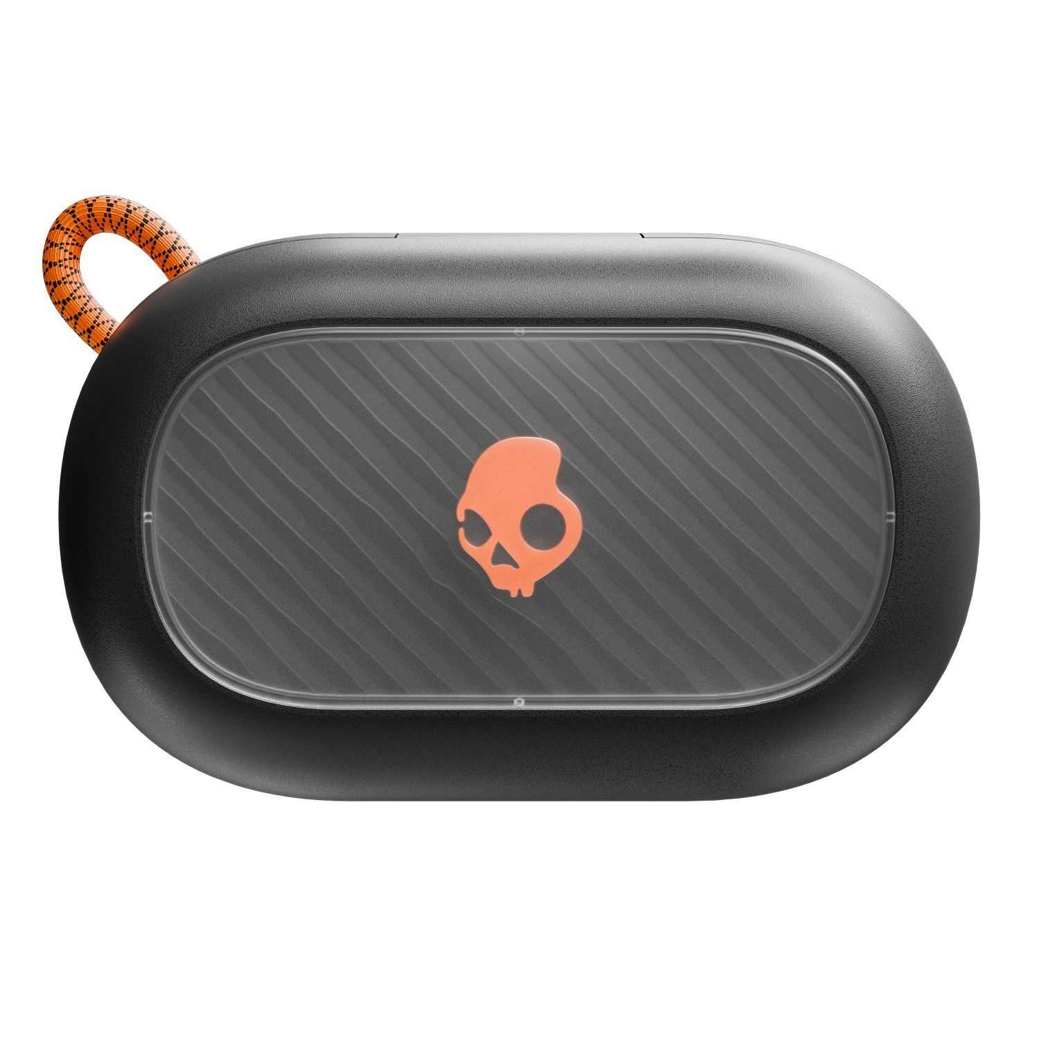 Black Skullcandy speaker with orange accents and a skull logo on it.