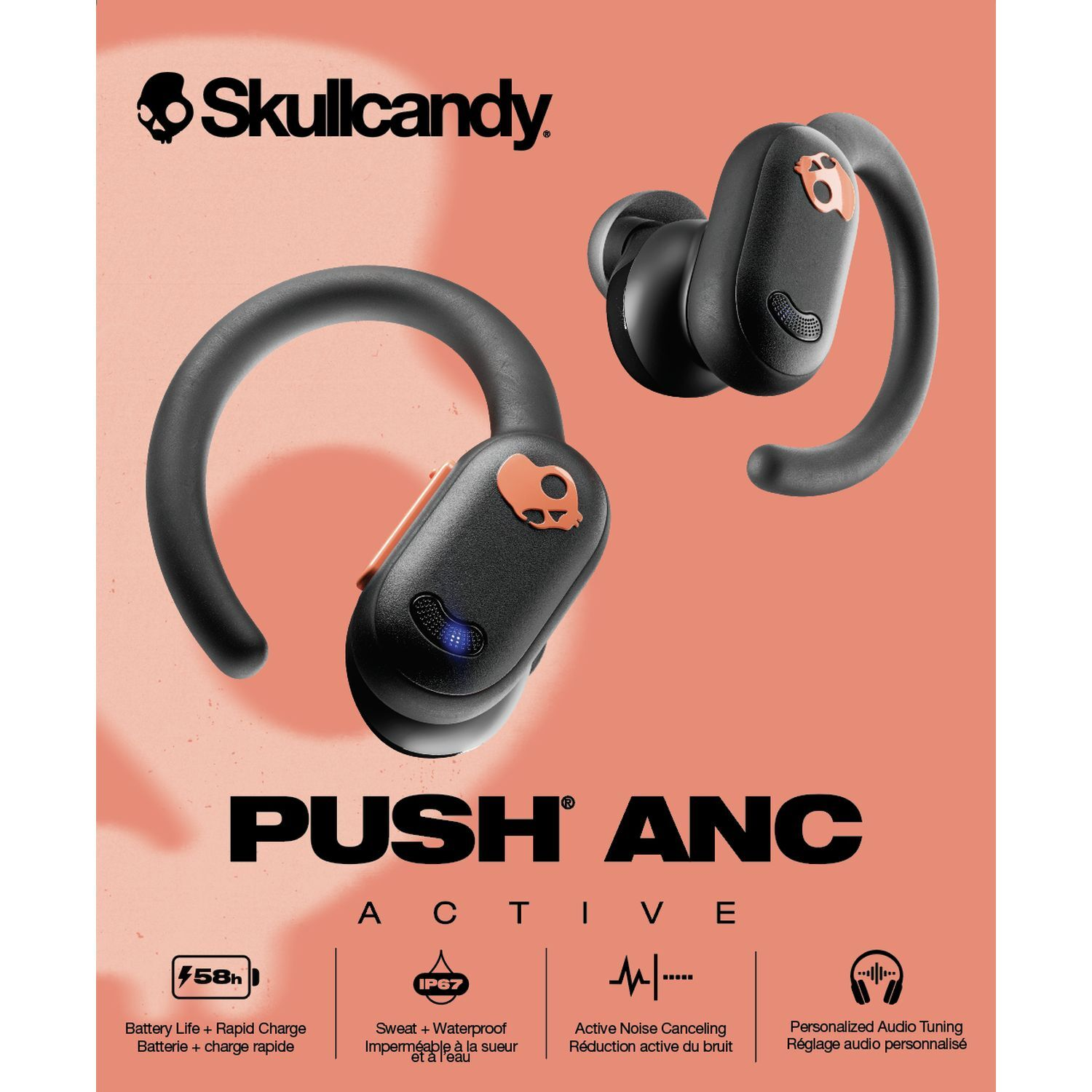Black and orange Skullcandy Push ANC earbuds, with text and icons.