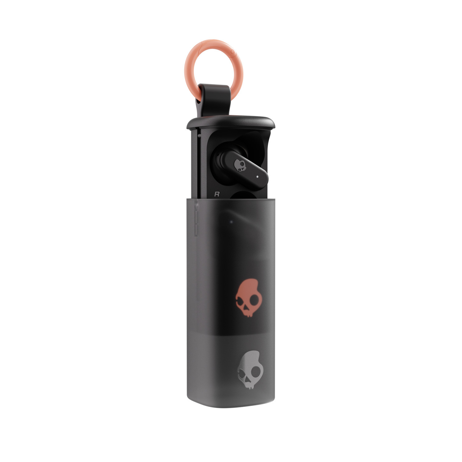 Zwarte Skullcandy oordopjes in een etui, met een perzik-kleurige lus.