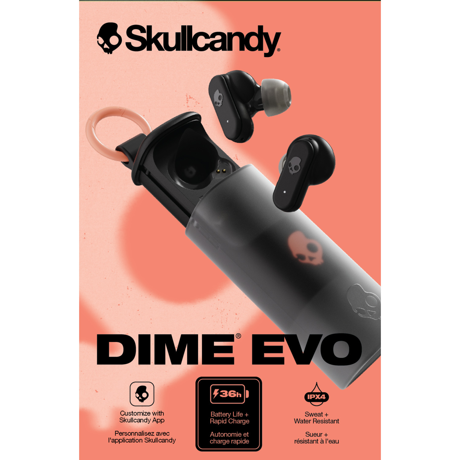 Skullcandy Dime Evo oordopjes met oplaadcase, roze achtergrond met tekst.