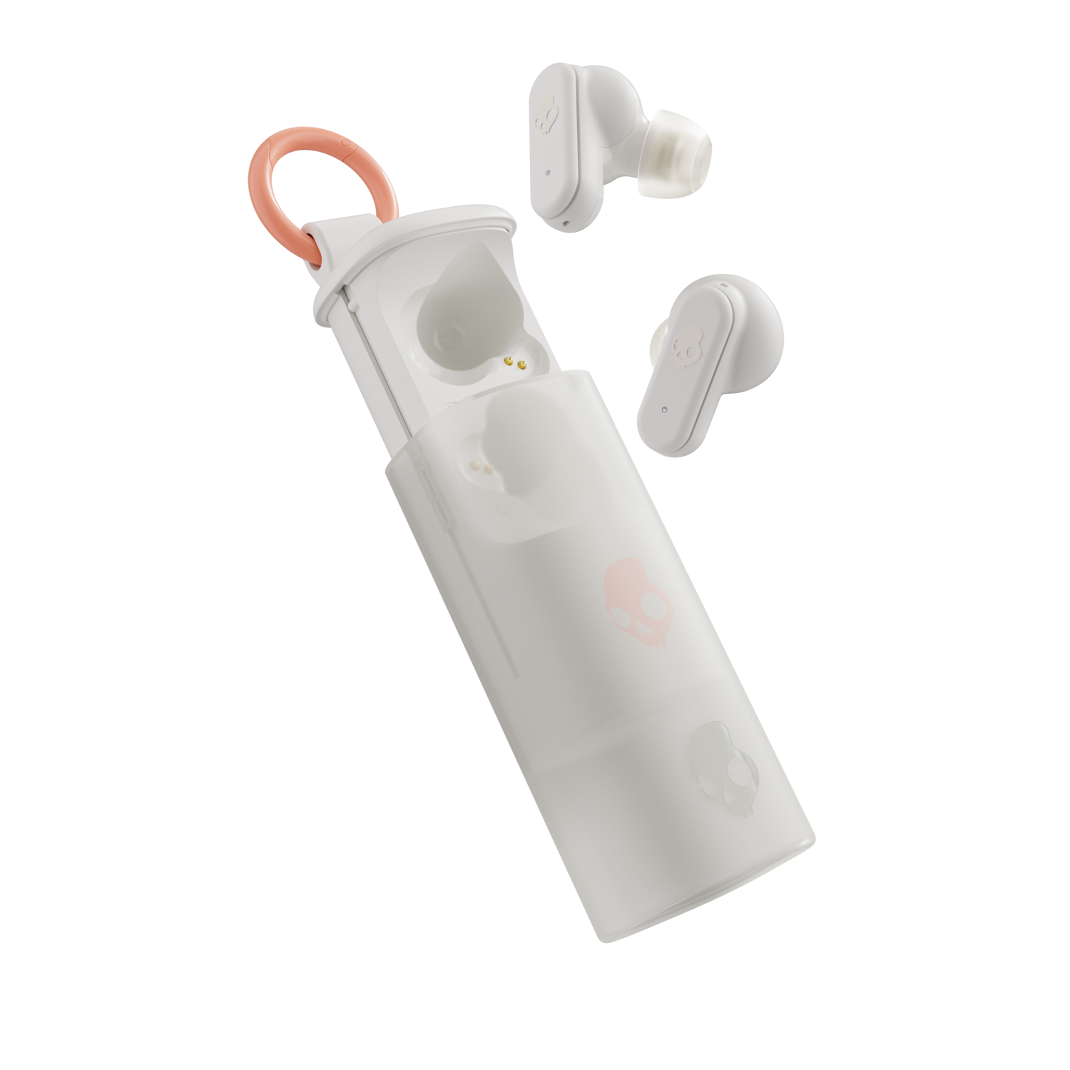 Witte Skullcandy oordopjes in witte oplaadcase met roze lus.