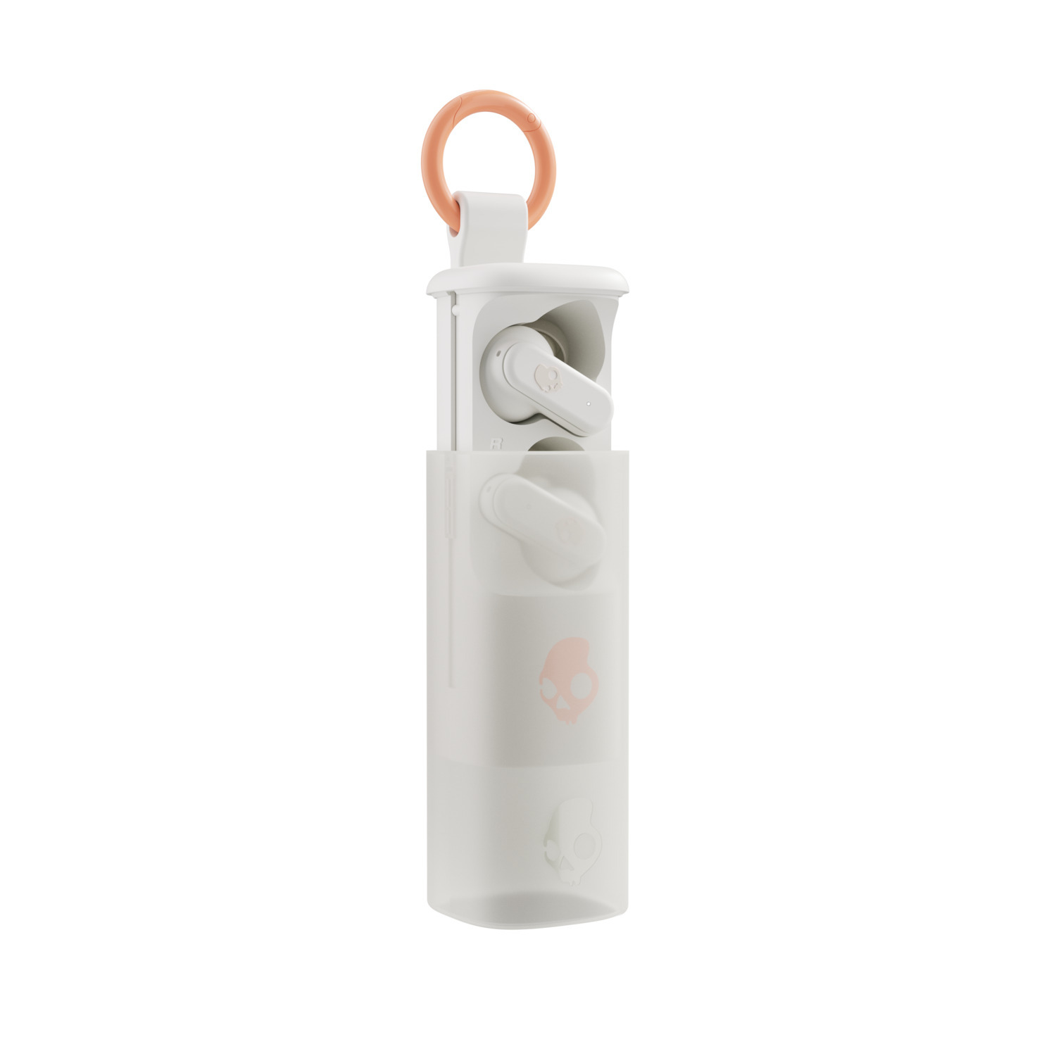 Witte Skullcandy oortelefoons en oplaadcase met roze accent en schedellogo.