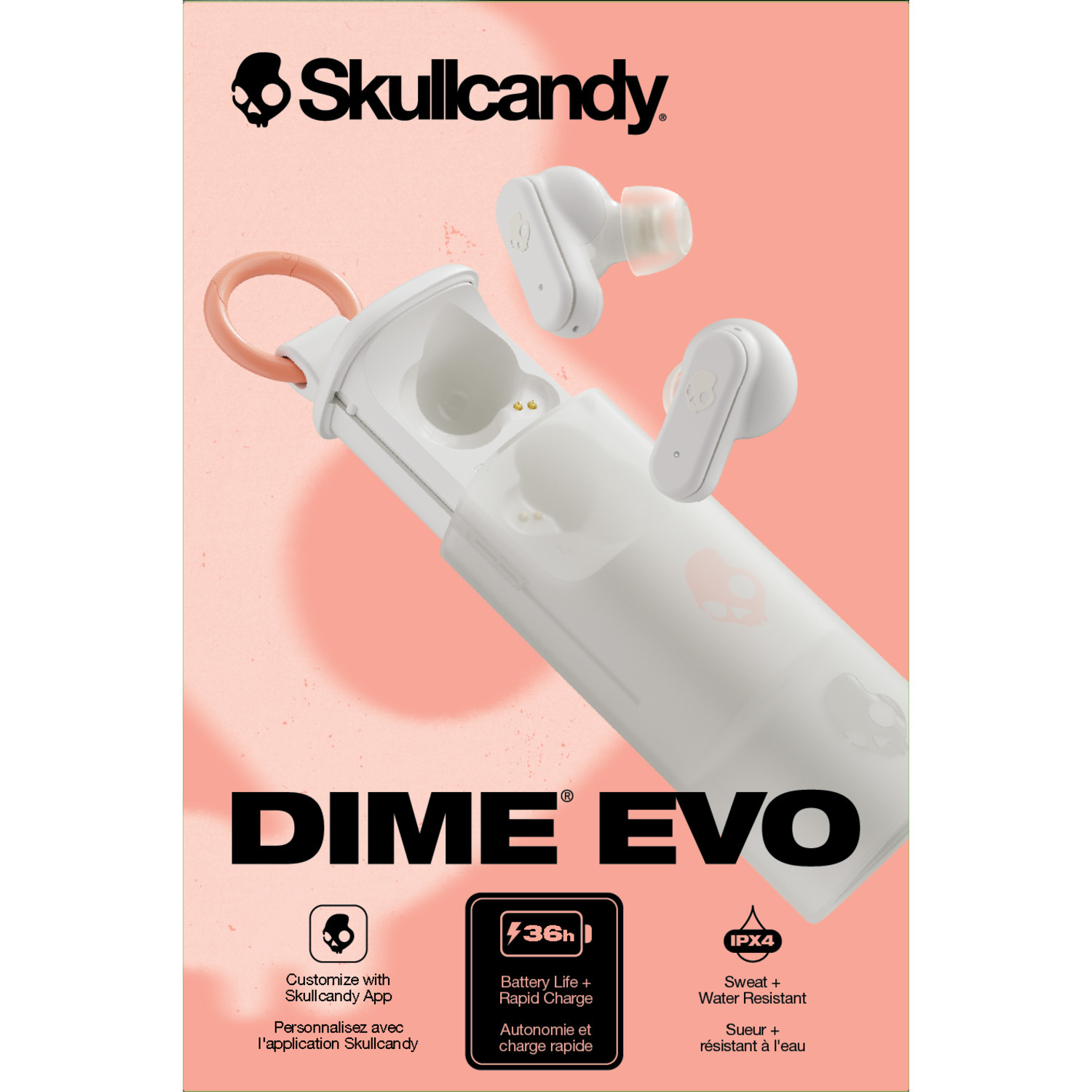 Witte Skullcandy Dime Evo oordopjes in een roze en witte case.