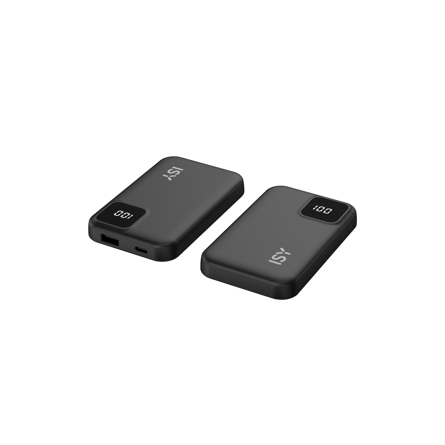 Two black power banks with digital displays, one showing 0.01, the other 100.