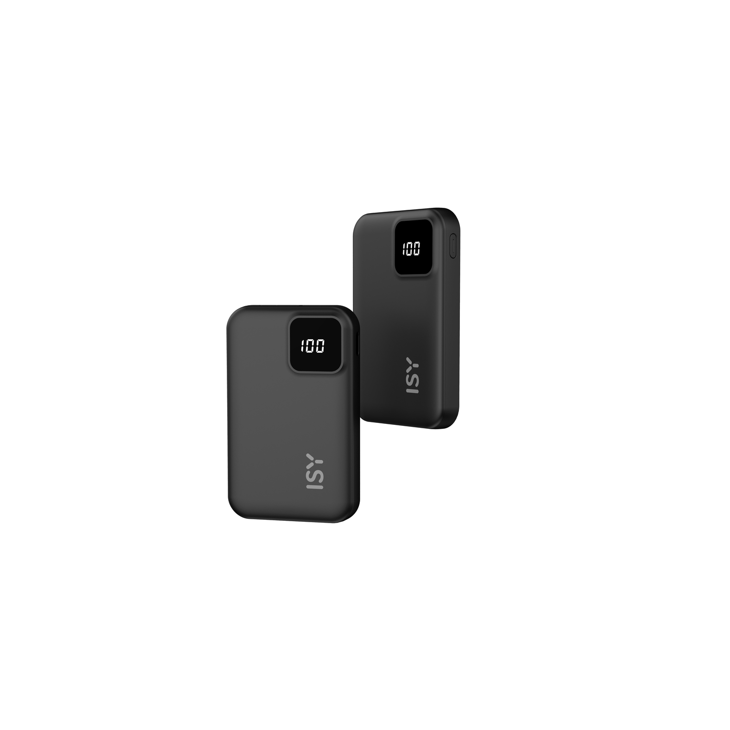 Two black power banks with a screen displaying 100. The power banks are branded with 'ISY'.