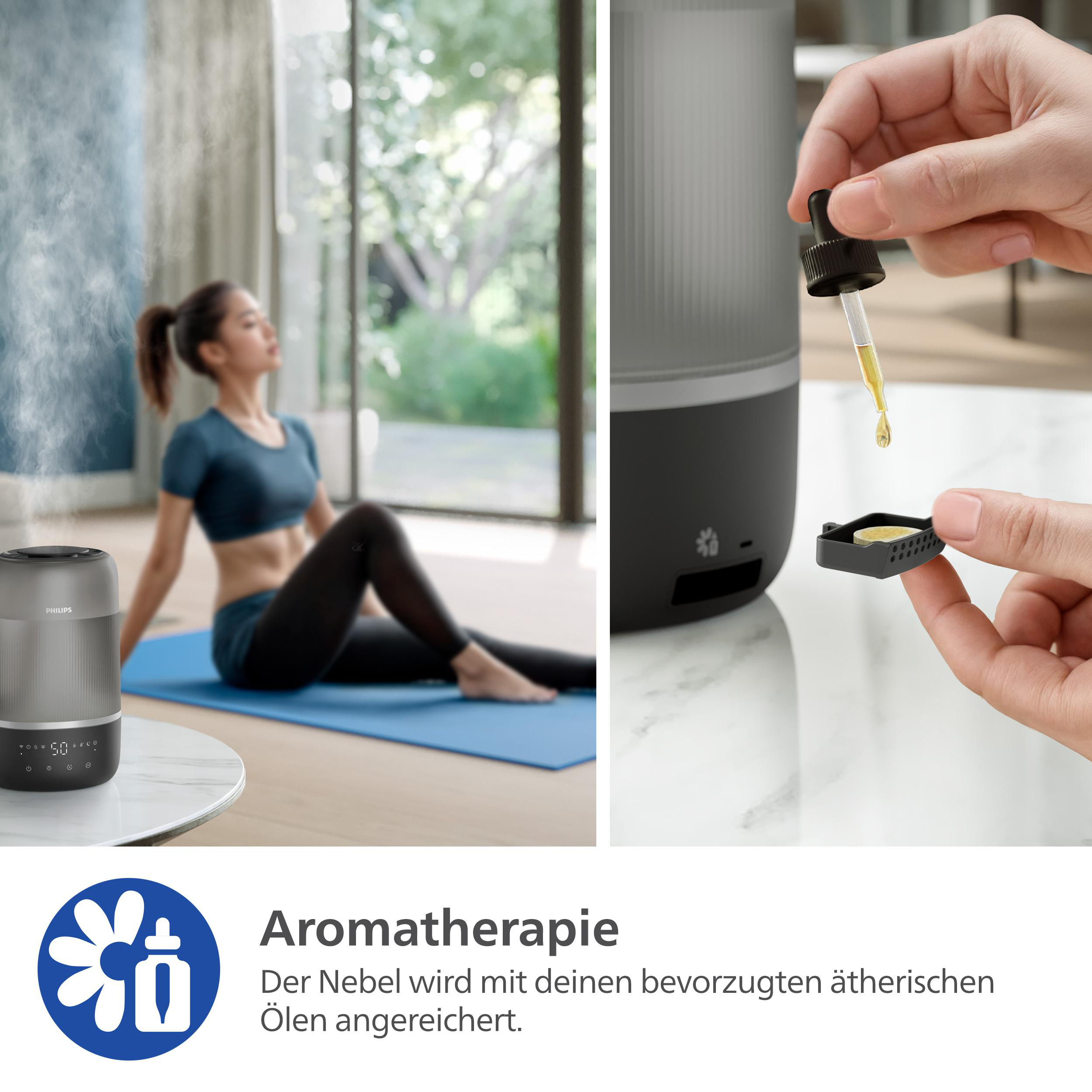 Zweiteiliges Bild einer Frau und eines Aromatherapie-Diffusors mit ätherischem Öl.