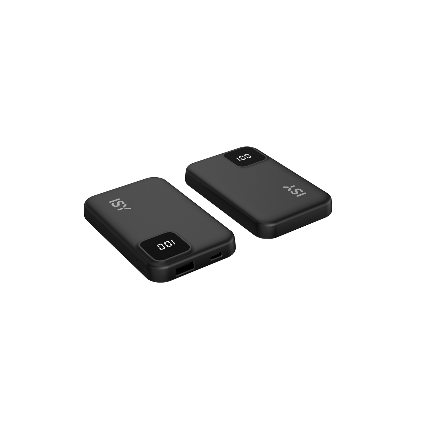Two black power banks with a display showing 100. ISY logo on each. White background.