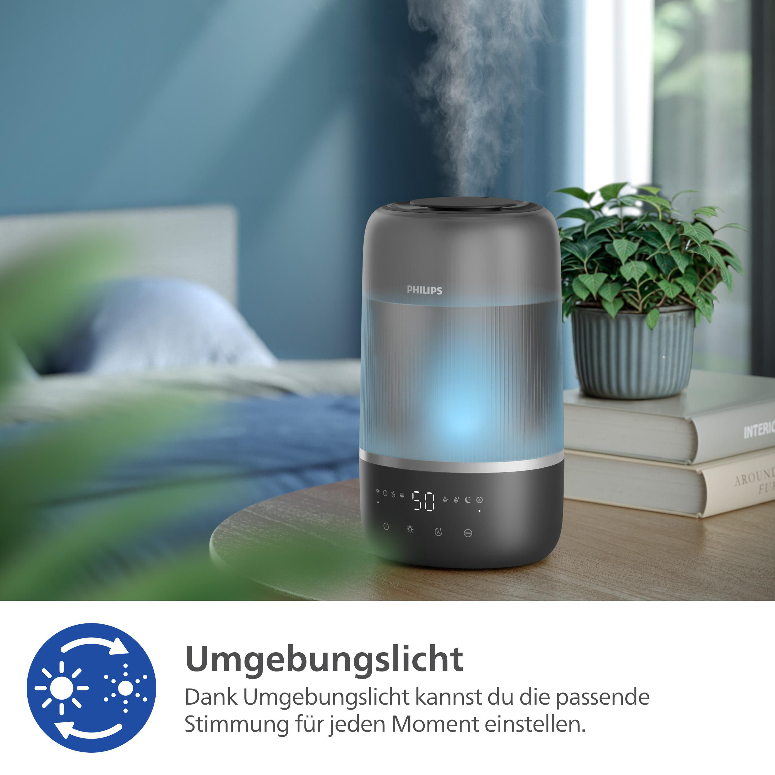 Ein Luftbefeuchter mit blauem Licht auf einem Tisch mit Pflanze und Büchern.