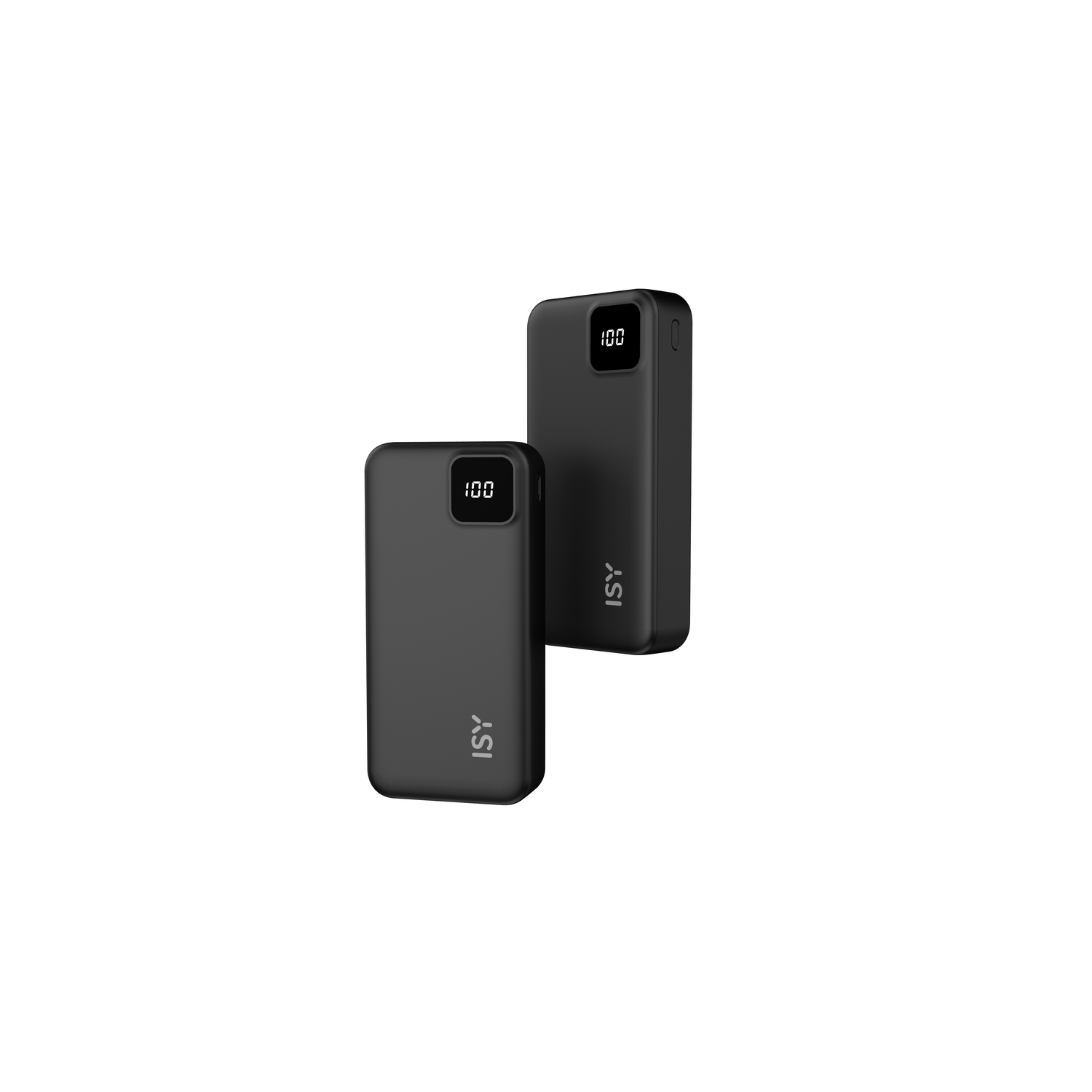 Two black power banks. Displays 100% charge. White background. 'ISY' written on them.