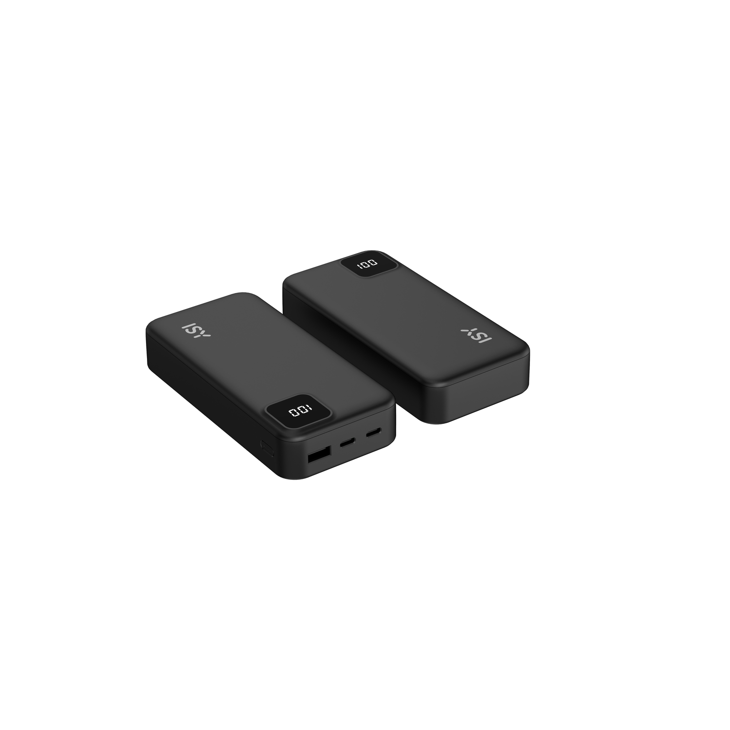 Two black power banks with ISY logo and 100 display.