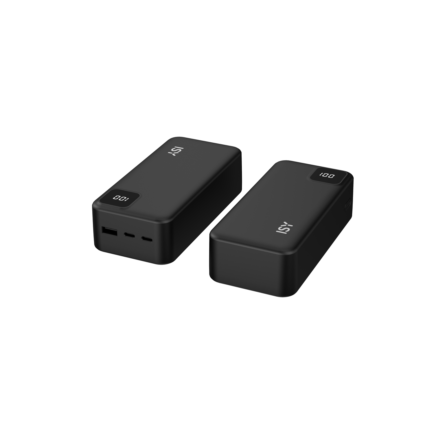 Two black power banks with an ISY logo and a digital display.