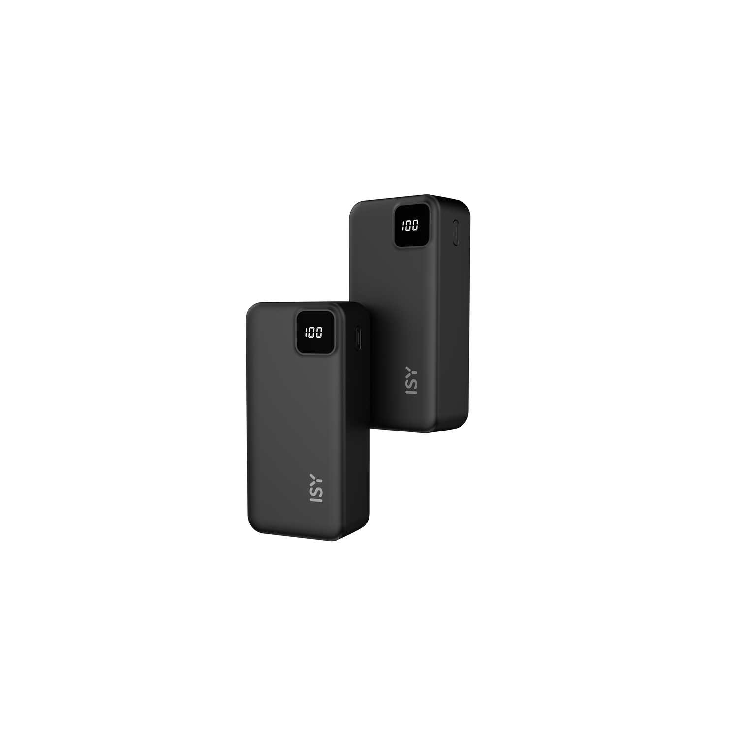 Two black power banks standing, each showing 100 on their digital displays.