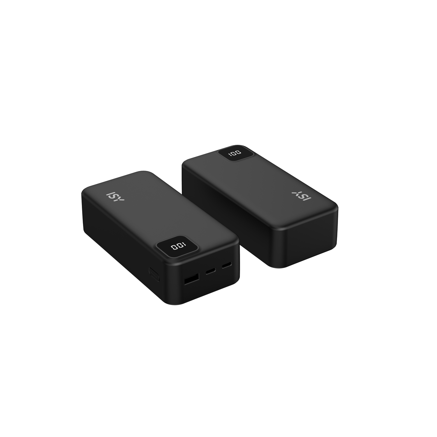 Two black power banks with a digital display showing the charge level.