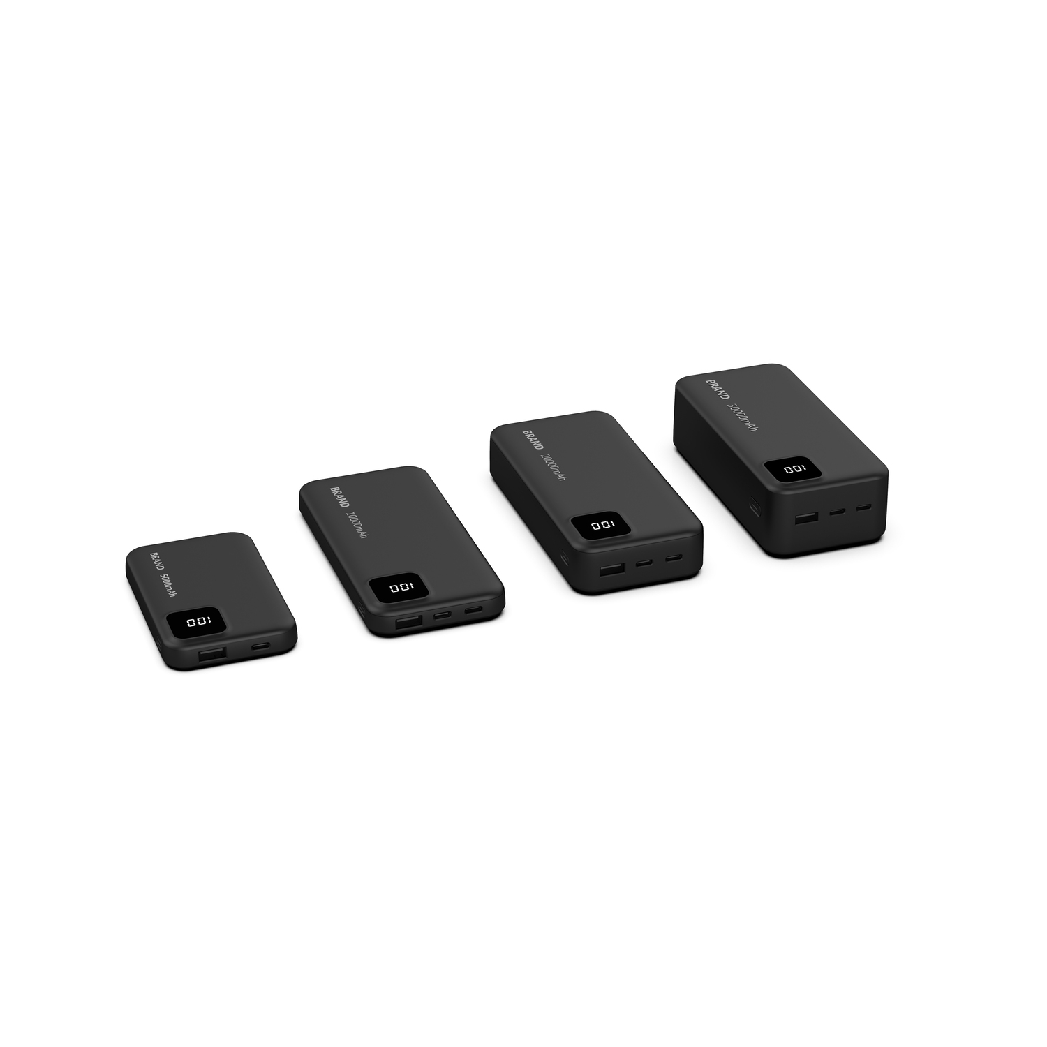 Four black power banks of different sizes, each with a digital display of 100.