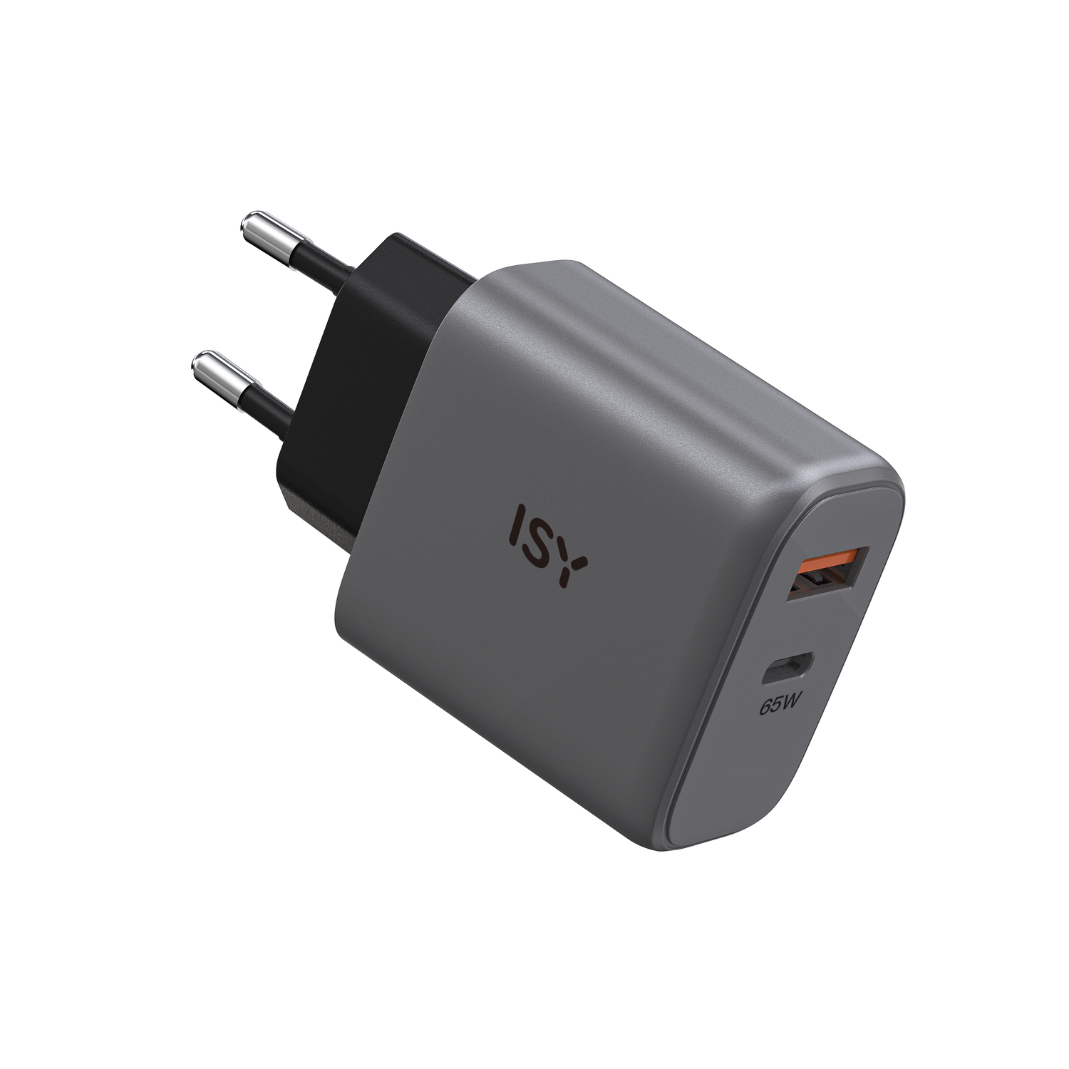 Un chargeur ISY gris avec deux broches et un port USB-C, avec une marque de 65W.