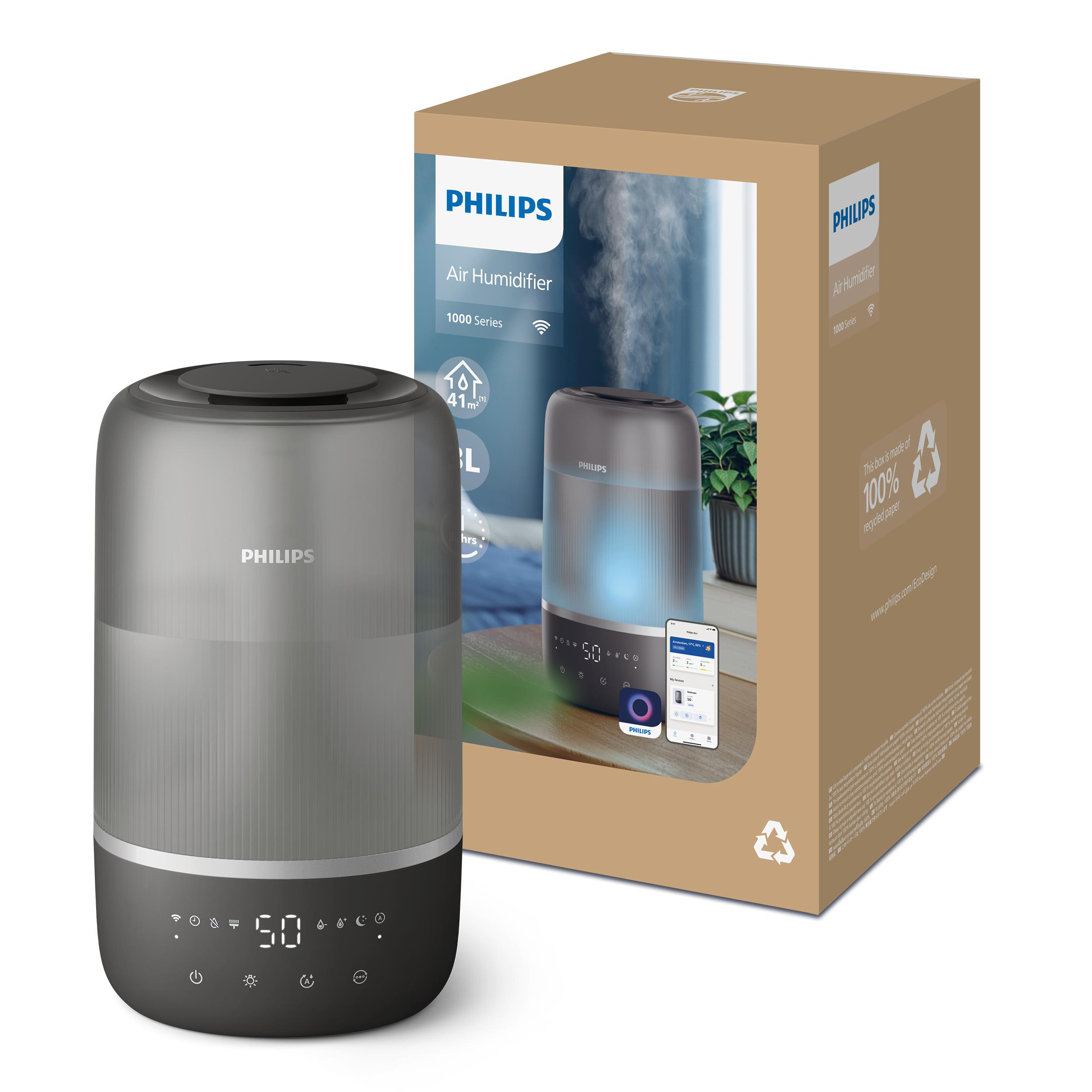 Ein Philips Luftbefeuchter und seine Box stehen auf einer weißen Oberfläche. Die Box zeigt das Produkt mit einer Raumszene.