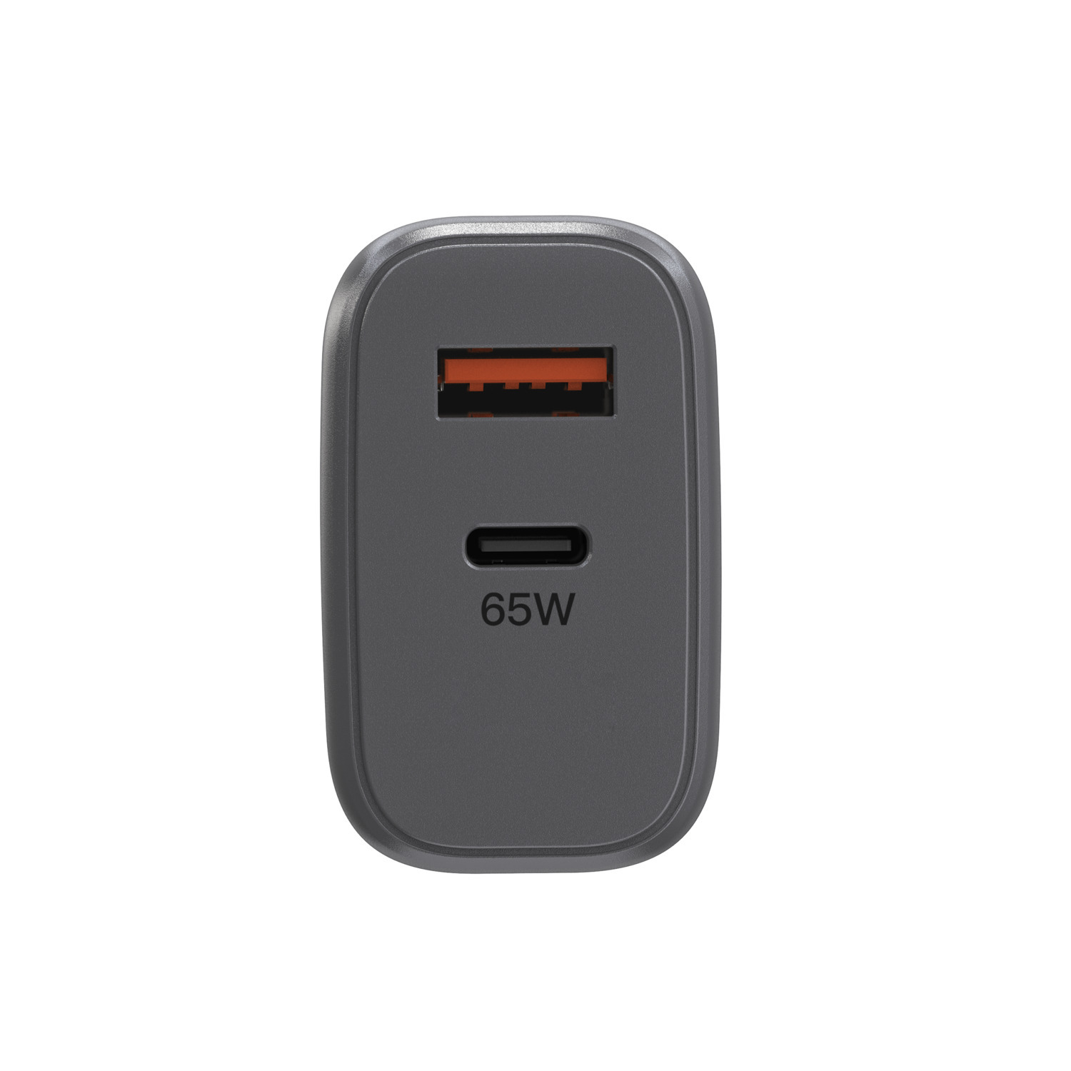 Chargeur USB-C gris 65 W, port orange visible.