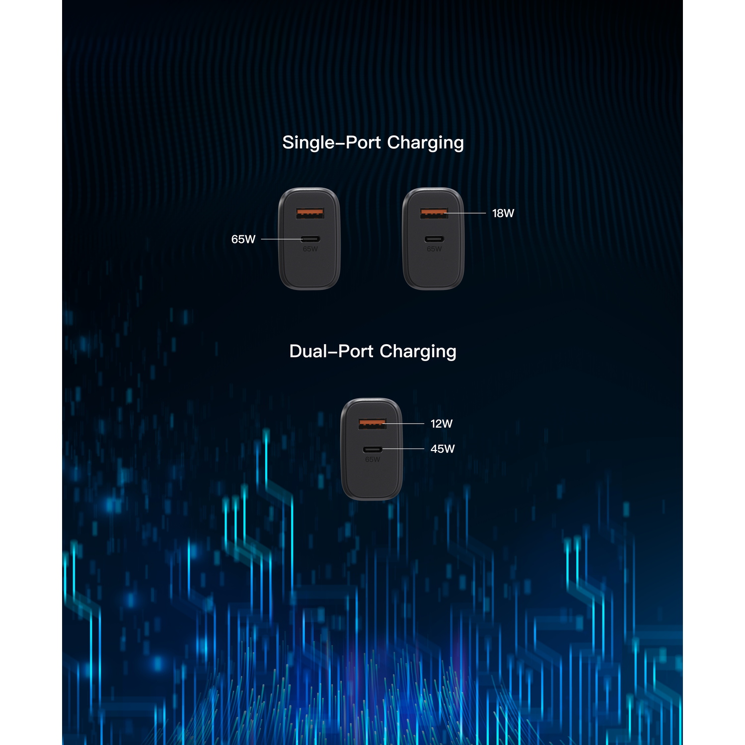 Chargeurs avec différents watts sur fond bleu.