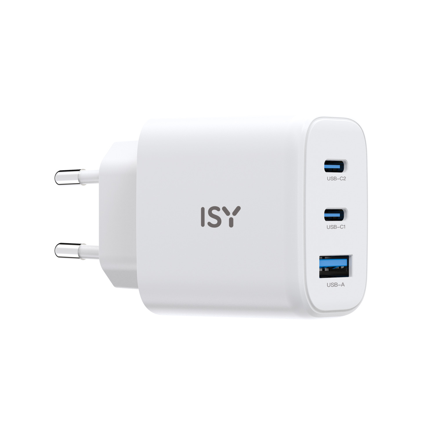 White USB charger with three ports. USB-C and USB-A ports are labelled. White background.