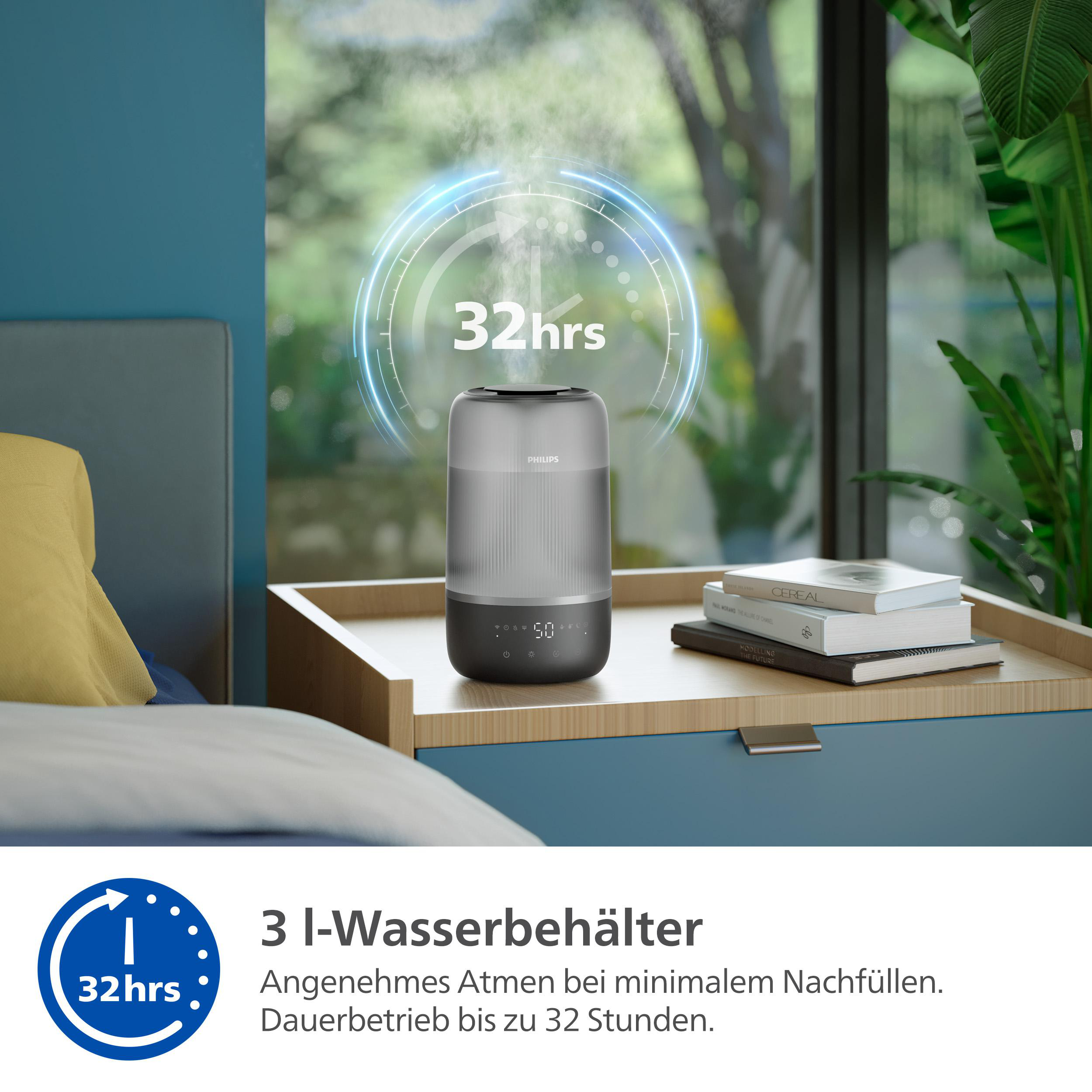 Luftbefeuchter auf einem Nachttisch, mit Text über seine Funktionen.