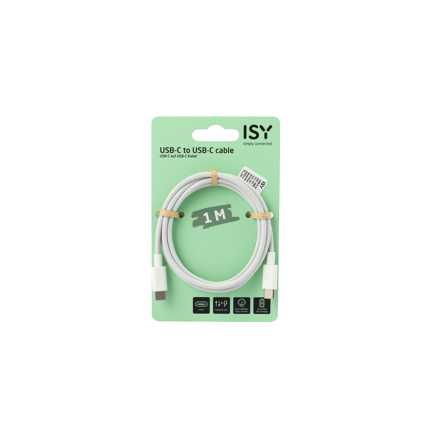 White USB-C to USB-C cable on a green background.