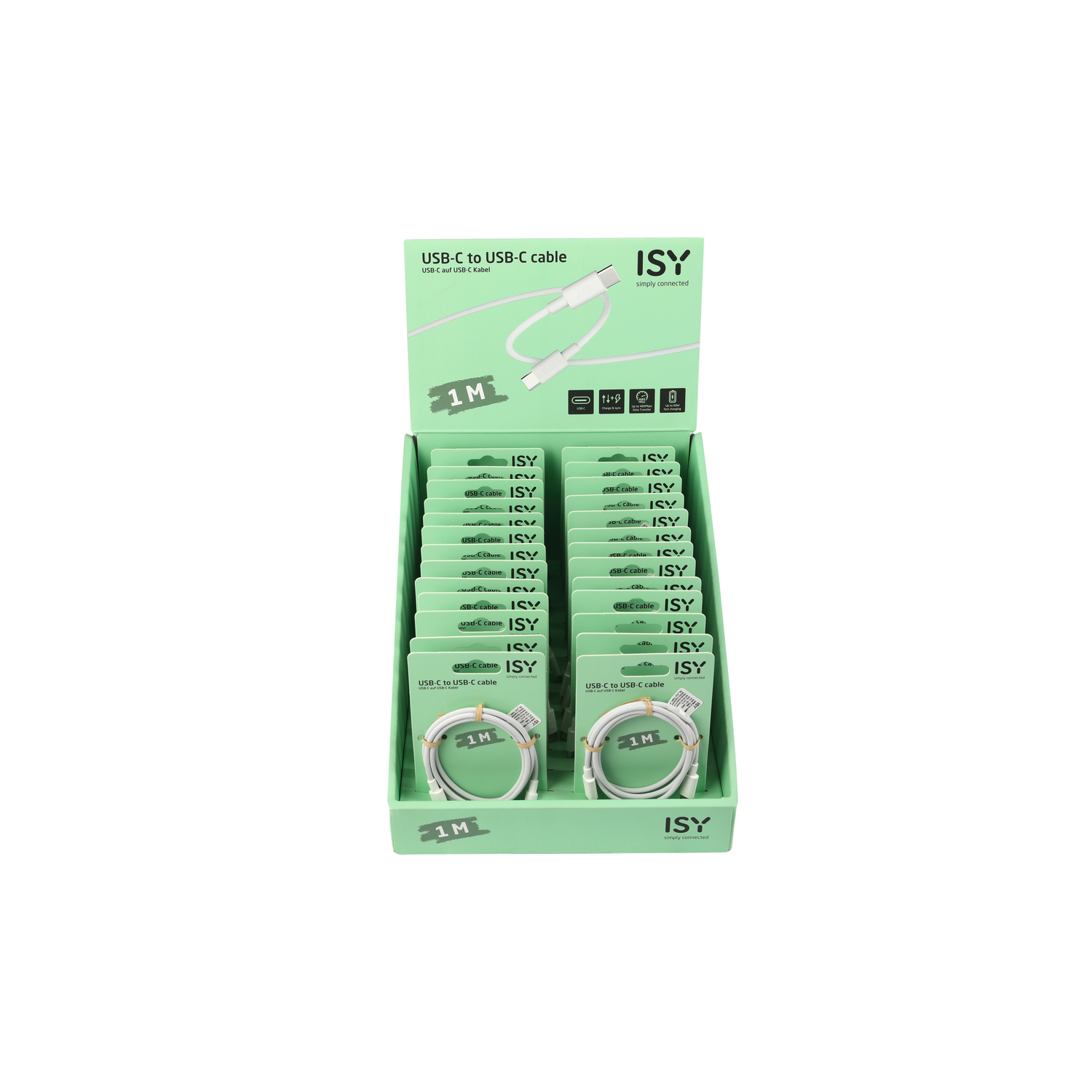 Display with USB-C cables in green and white packaging.