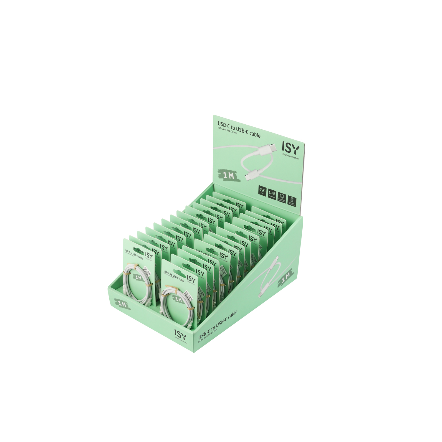 Display of USB-C to USB-C cables. Green and white packaging on a white background.