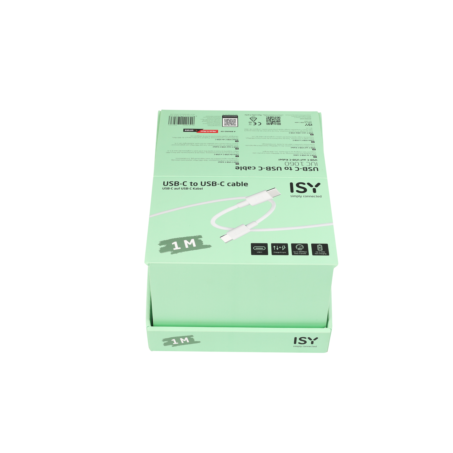 A boxed USB-C to USB-C cable, light green box, white cable, top view.