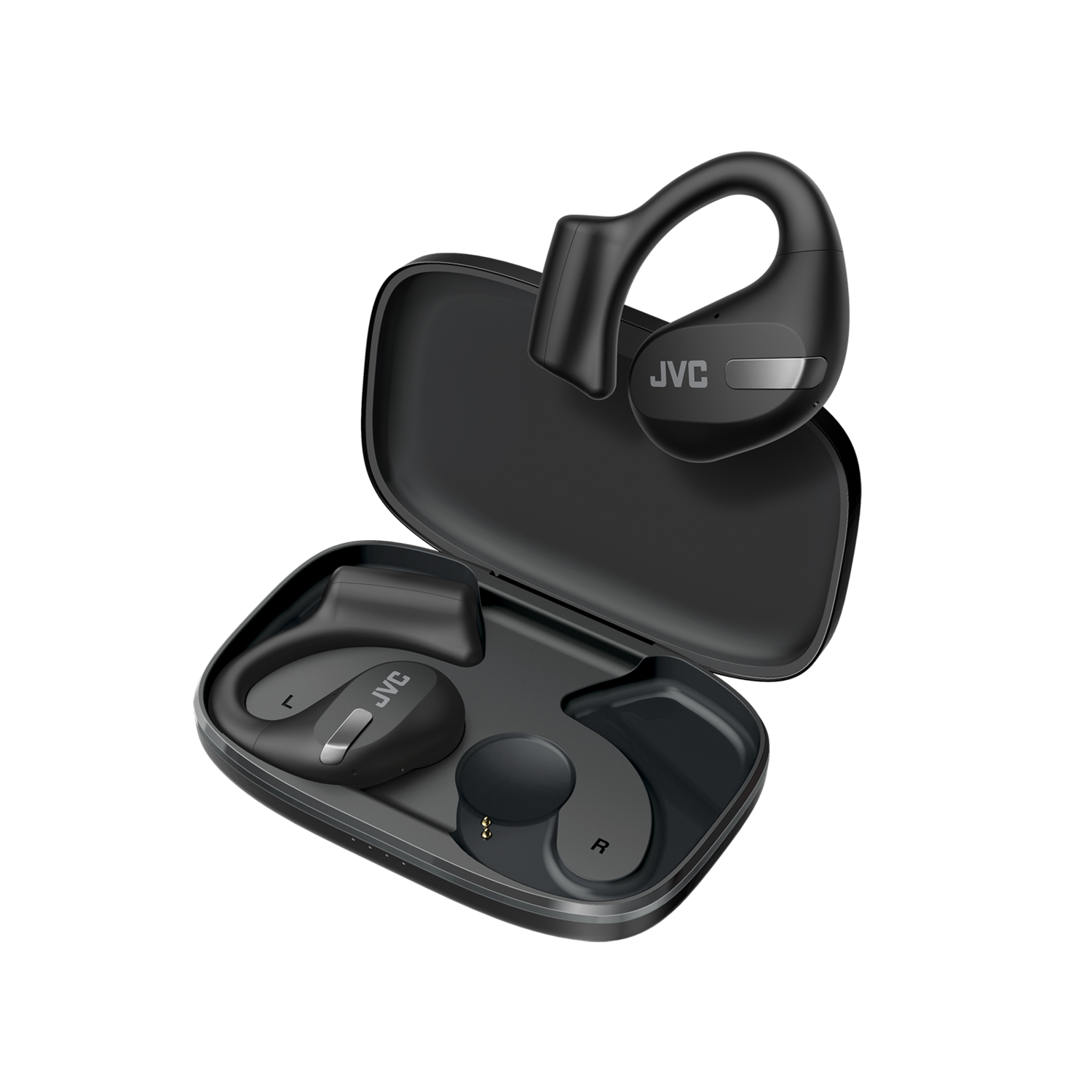 Écouteurs sans fil JVC noirs, avec un étui de chargement.