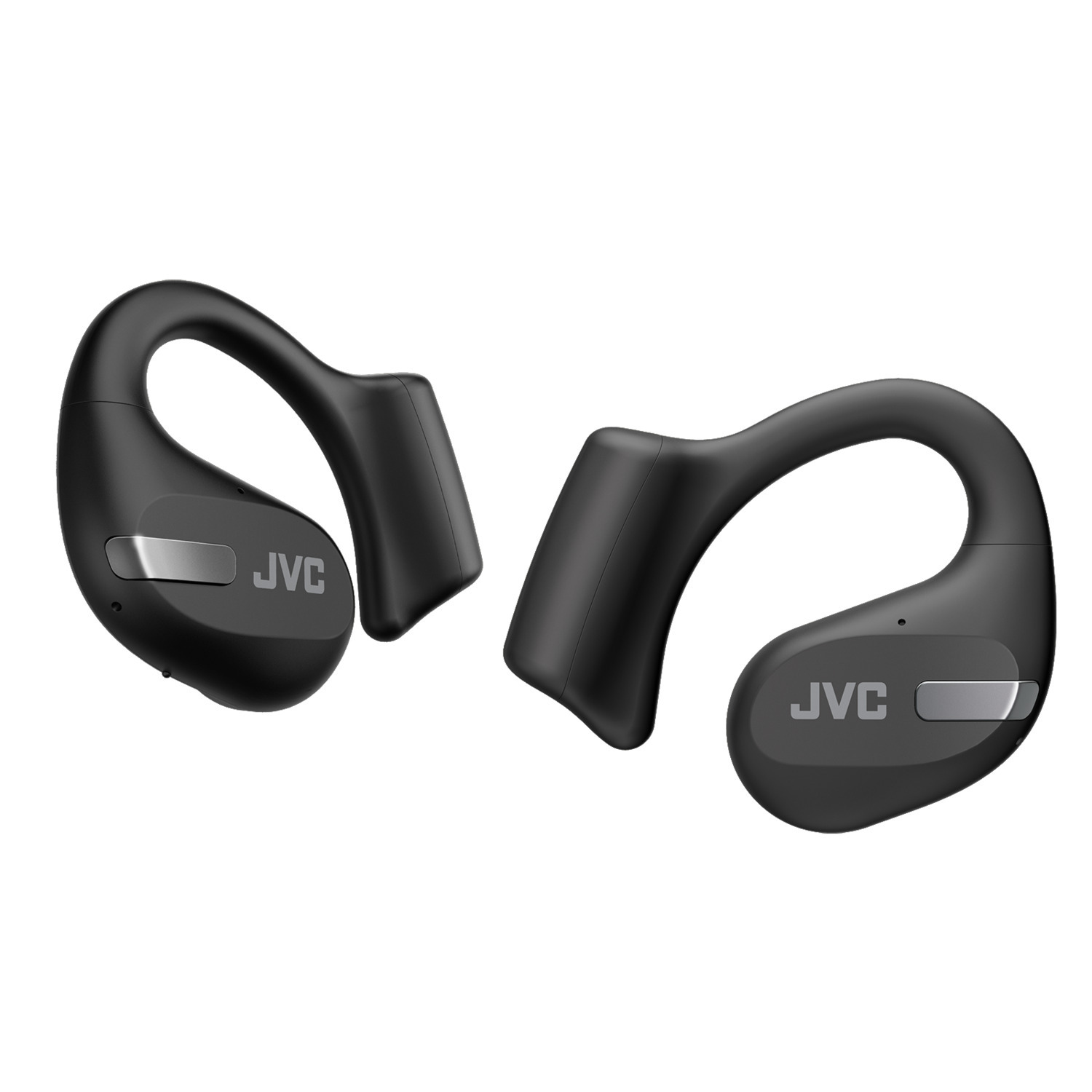 Écouteurs JVC noirs avec crochets d'oreille, vue en angle, avec marque.
