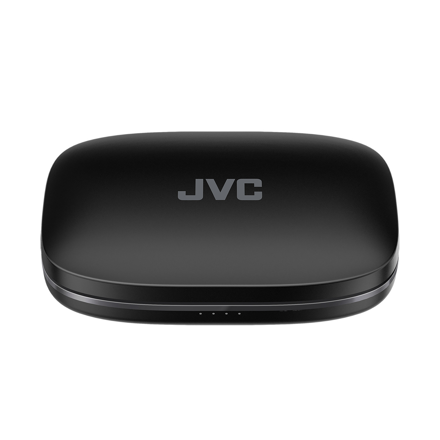 Étui de chargement JVC noir. Coins arrondis. Le logo JVC est sur le dessus. Quatre lumières.