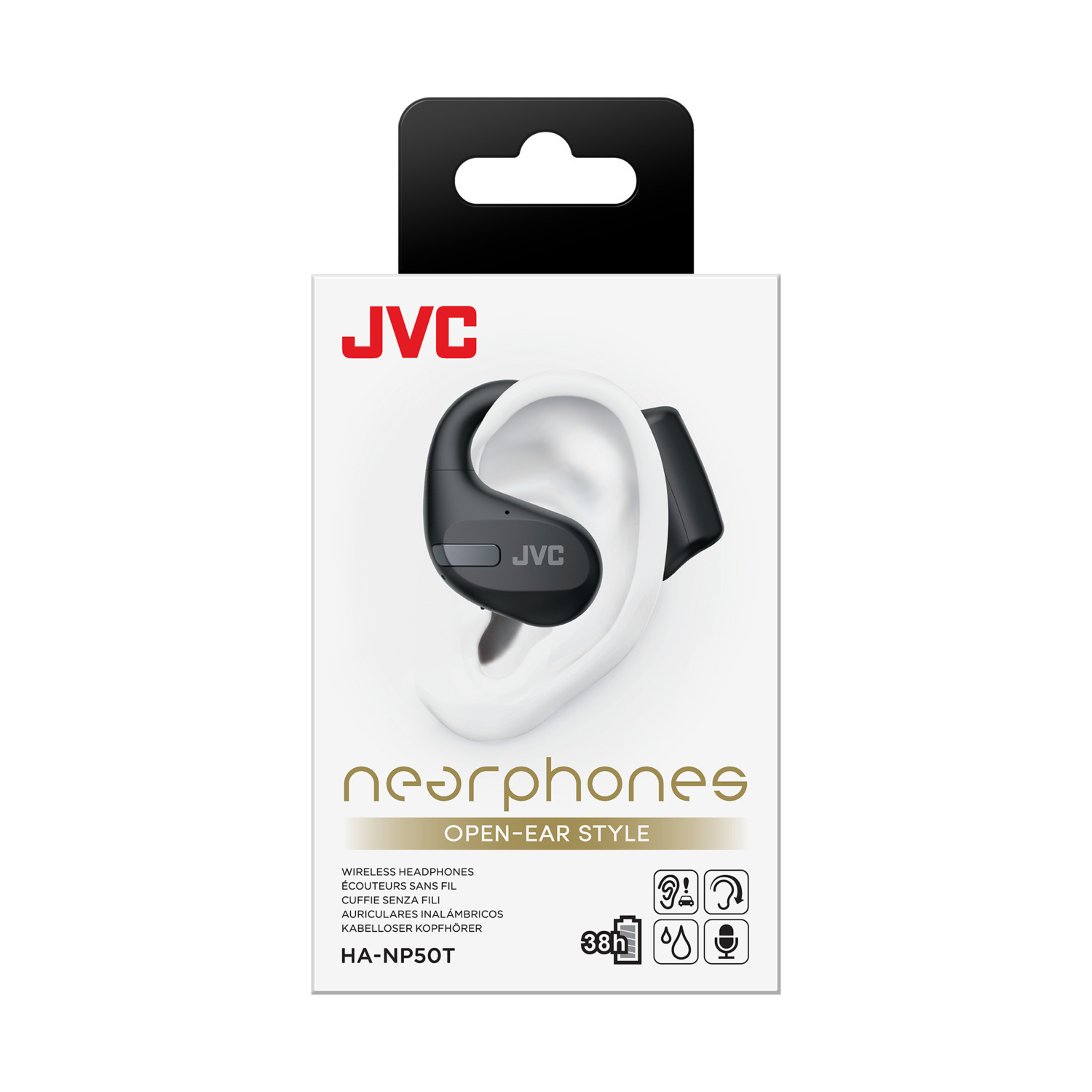 Écouteurs sans fil JVC de style oreille ouverte dans une boîte, avec marque et détails.