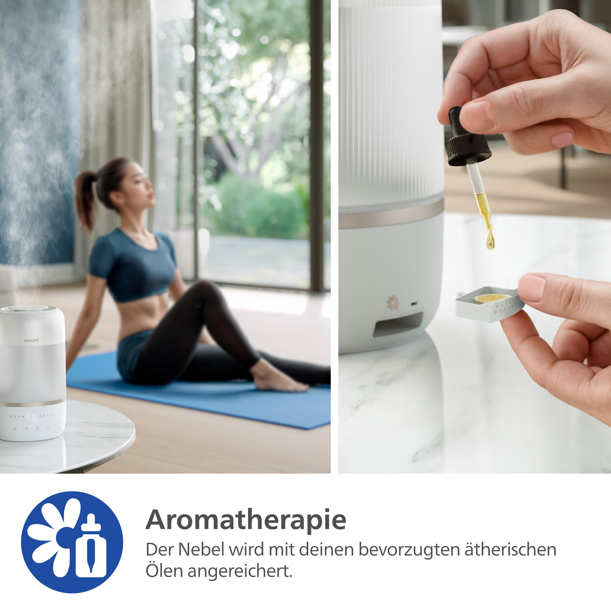 Zwei Bilder: eins von einer Yoga-machenden Frau, das andere von einem Diffusor. Text sagt Aromatherapie.