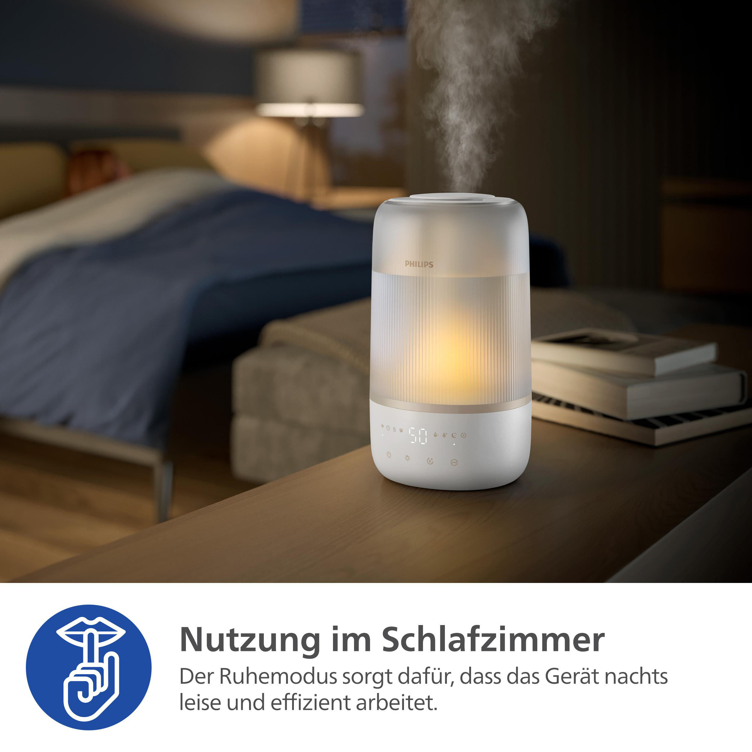 Ein Philips Luftbefeuchter auf einem Tisch in einem Schlafzimmer gibt Dampf ab. Der Text unten lautet 'Verwendung im Schlafzimmer'.