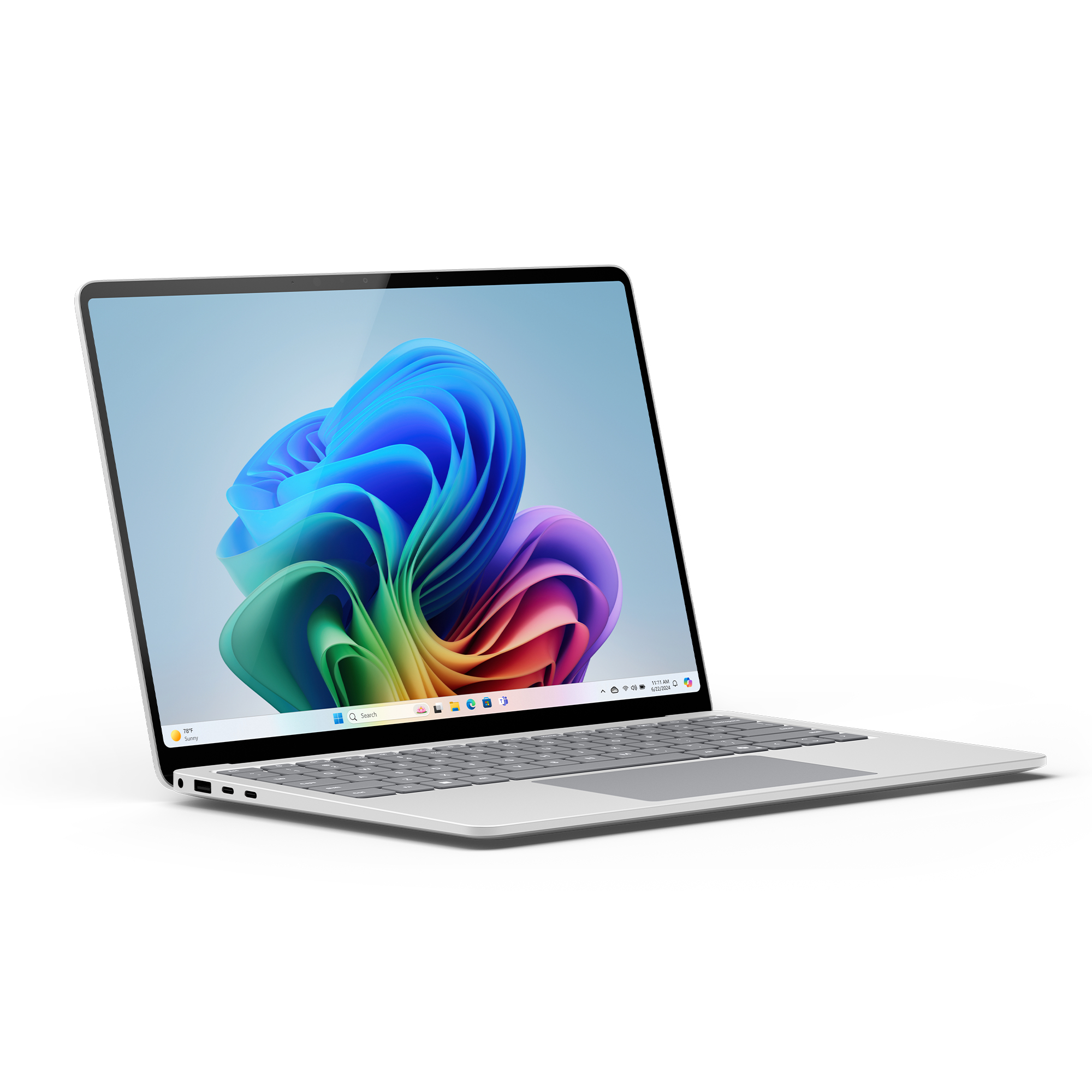 Silberner Laptop mit einem bunten, abstrakten Bild auf dem Bildschirm.