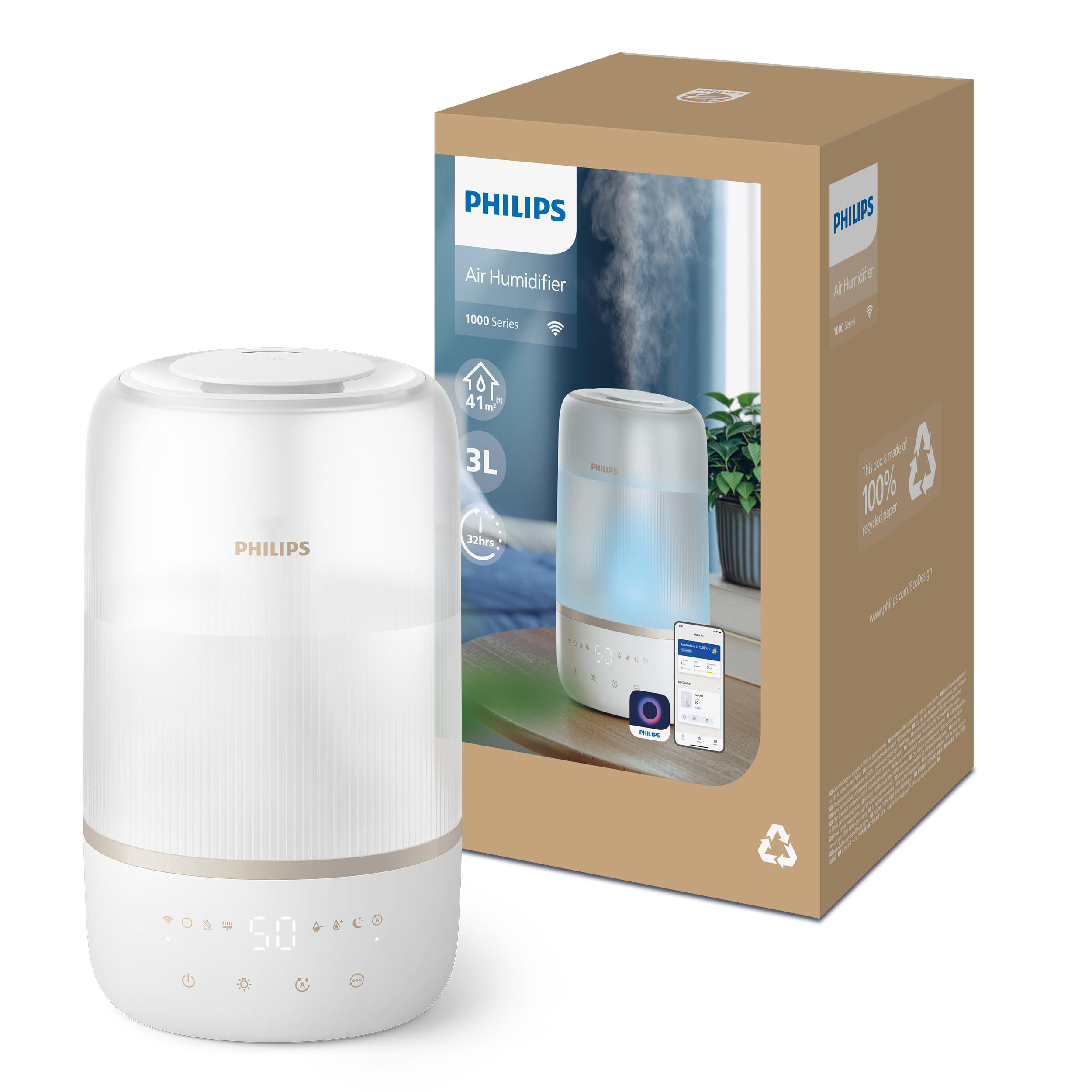 Ein weißer und goldener Philips Luftbefeuchter mit einer Box rechts. Zeigt eine Smart-Home-Oberfläche.